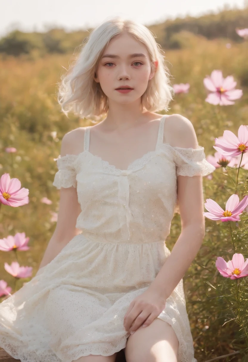 Very short hairstyle,Little fat girl,Cosmos Field,(((Cosmos blooms profusely))),(((cosmos))),Autumn sunshine pouring down from behind、The atmosphere of Elle Fanning,tiarra,cotton dress,(((thighs thighs thighs thighs))),bare-legged,white  hair,Curly,angry looking face,12-year-old girl,short-haired,soft sunlight,(((birdseye view))),Sauce order,up of face,Kamimei,(((hitornfreckles))),upper body