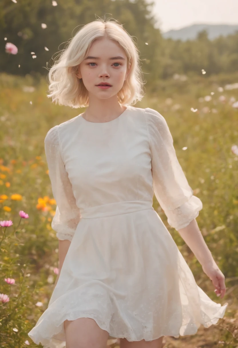 Very short hairstyle,Little fat girl,Cosmos Field,(((Cosmos blooms profusely))),(((cosmos))),Autumn sunshine pouring down from behind、The atmosphere of Elle Fanning,tiarra,cotton dress,(((thighs thighs thighs thighs))),bare-legged,white hair,Curly,angry looking face,12-year-old girl,short-haired,soft sunlight,(((birdseye view))),Sauce order,up of face,Kamimei,(((hitornfreckles))),upper body