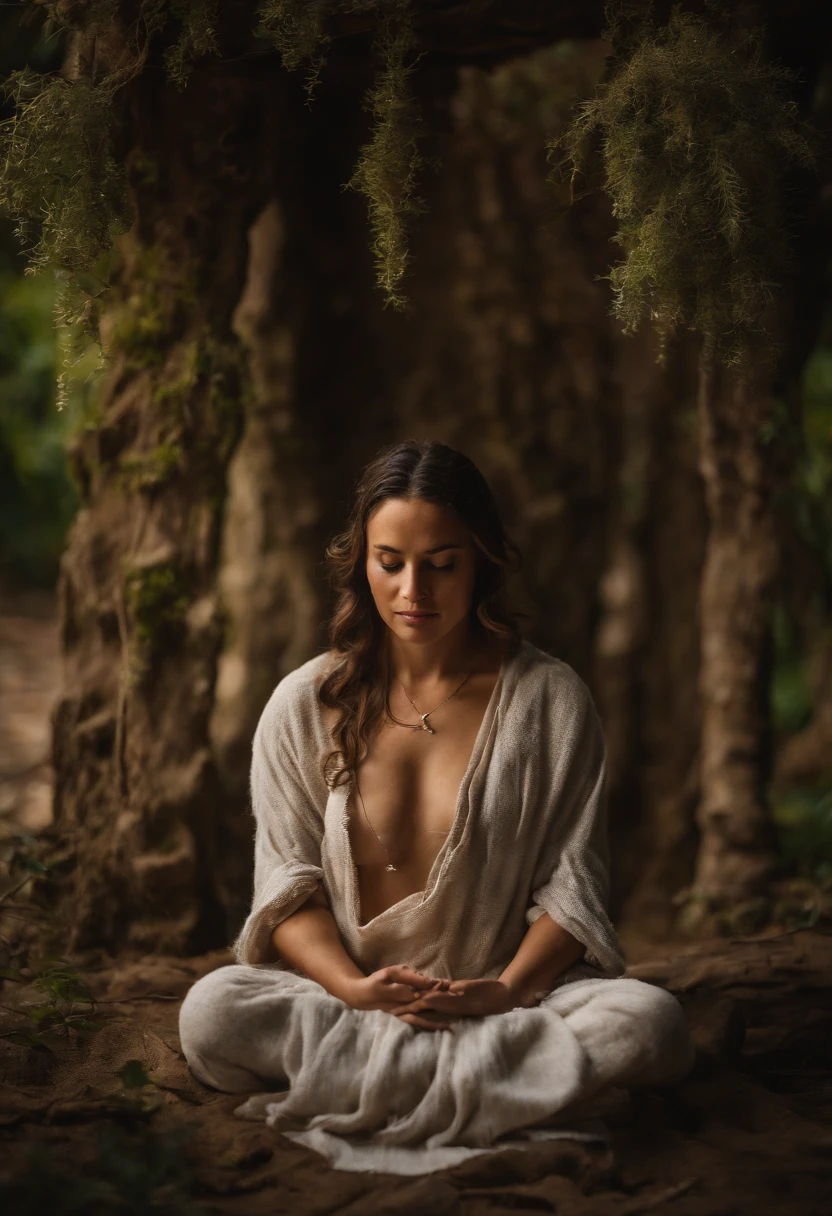 A woman sitting in the woods with her hands crossed - SeaArt AI