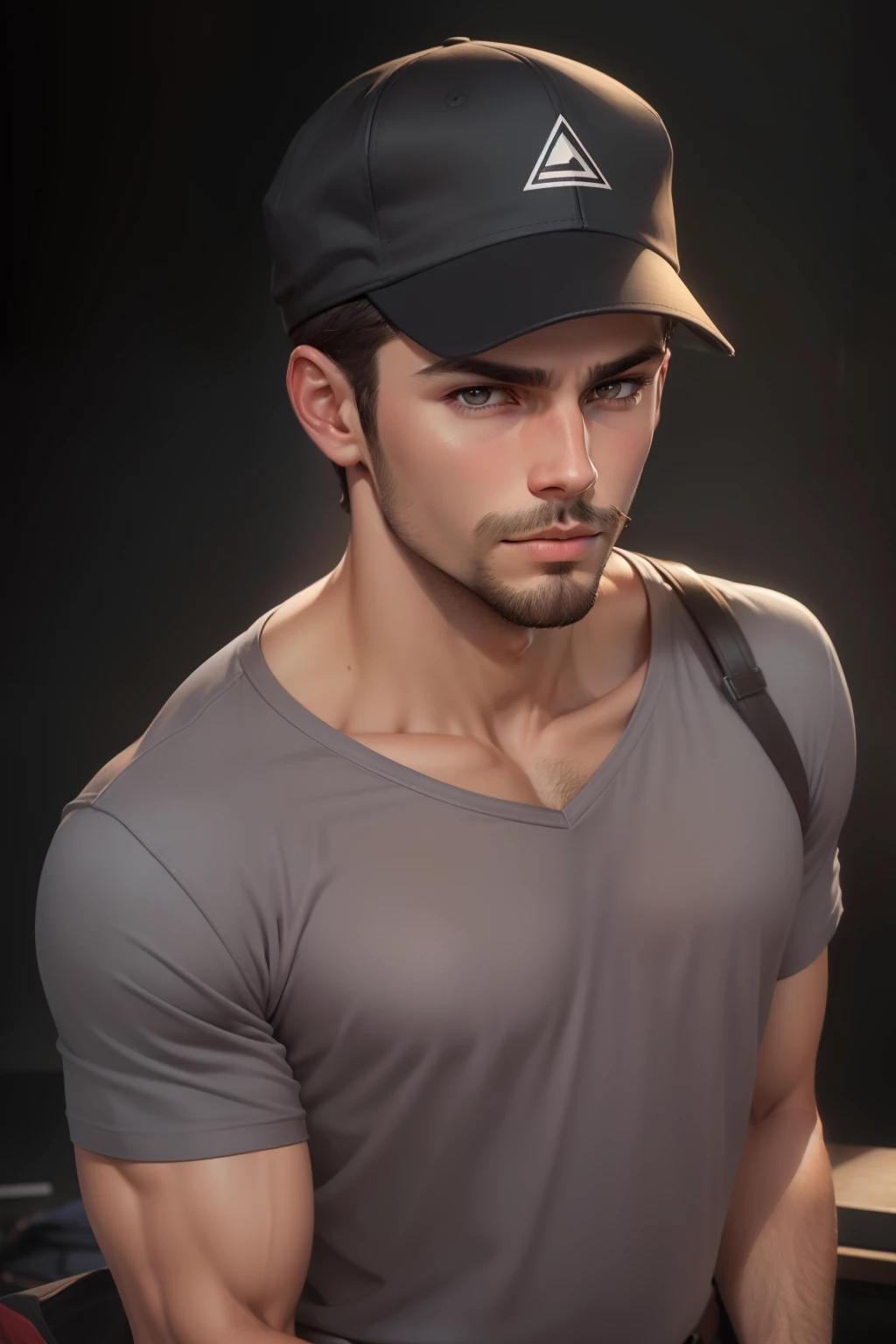 an incredibly handsome and hot young man aged 19 with short dark brown hair and brown eyes, angular jaw, box face, stubble beard, tall and lean, wearing a casual shirt and a cap. dark grey background and studio lighting, yearbook pose, character close-up, character headshot portrait, character close-up.