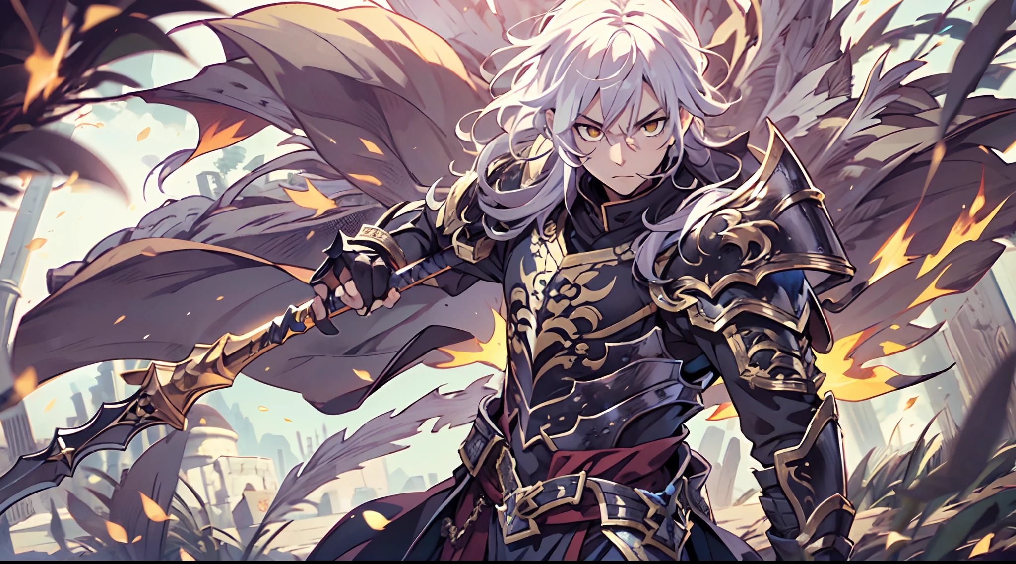1 Boy, Xin From Kingdom Anime, Armored With Pure Black Warlord Armor With A Cape, Ultra High Definition, 8k, Handsome, Black And Yellow Pupil Eyes, Long White Hair, Ancient Kingdom Background, Extremely Detailed, Holding A Long Spear, Body To Leg Body Shot,