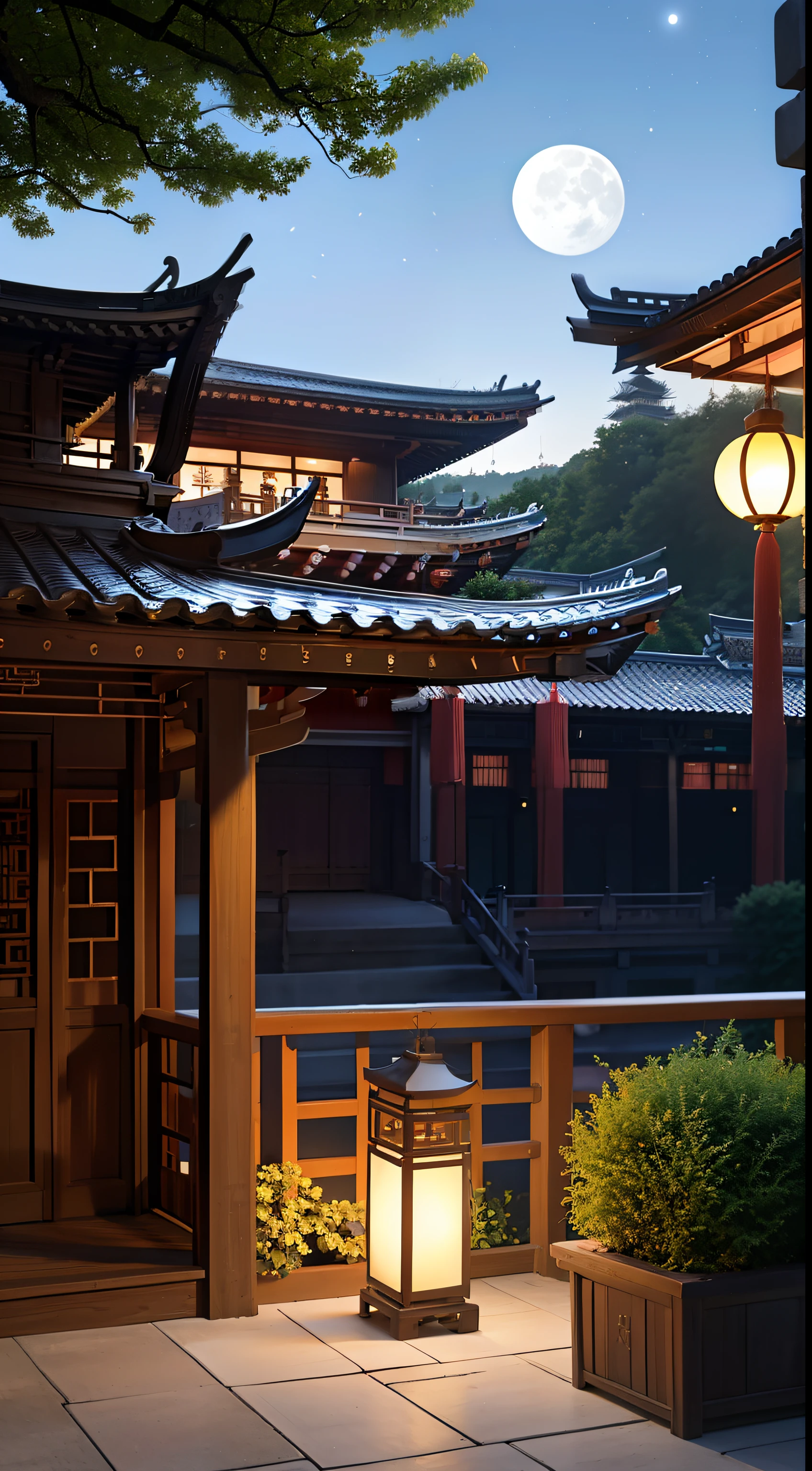 (The background is a night view of a Chinese courtyard with a full moon:1.4), (Foreground fence:1.2),Yellow lanterns,calm evening. dreamlike illustration, illustration!, Chinese fantasy, Fine quality illustrations,Digital illustration, 8K high quality detailed art, Anime background art, digital painting of a pagoda, Rosla global lighting, background artwork, G Liulian art style, 4K detailed digital art, arte de fundo, Zen temple background, quiet and serene atmosphere
