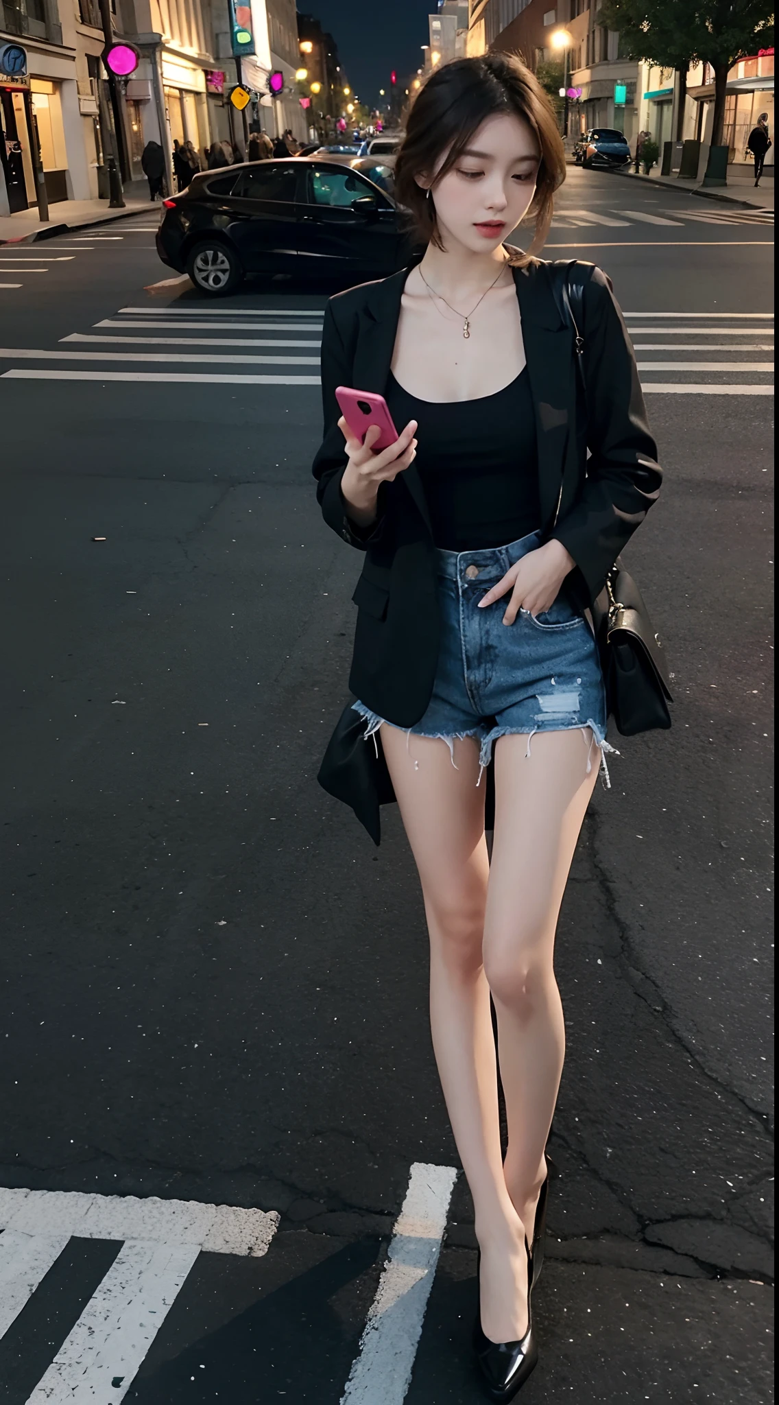 Beautiful woman, fiddling with cell phone in the middle of the street, short clothes