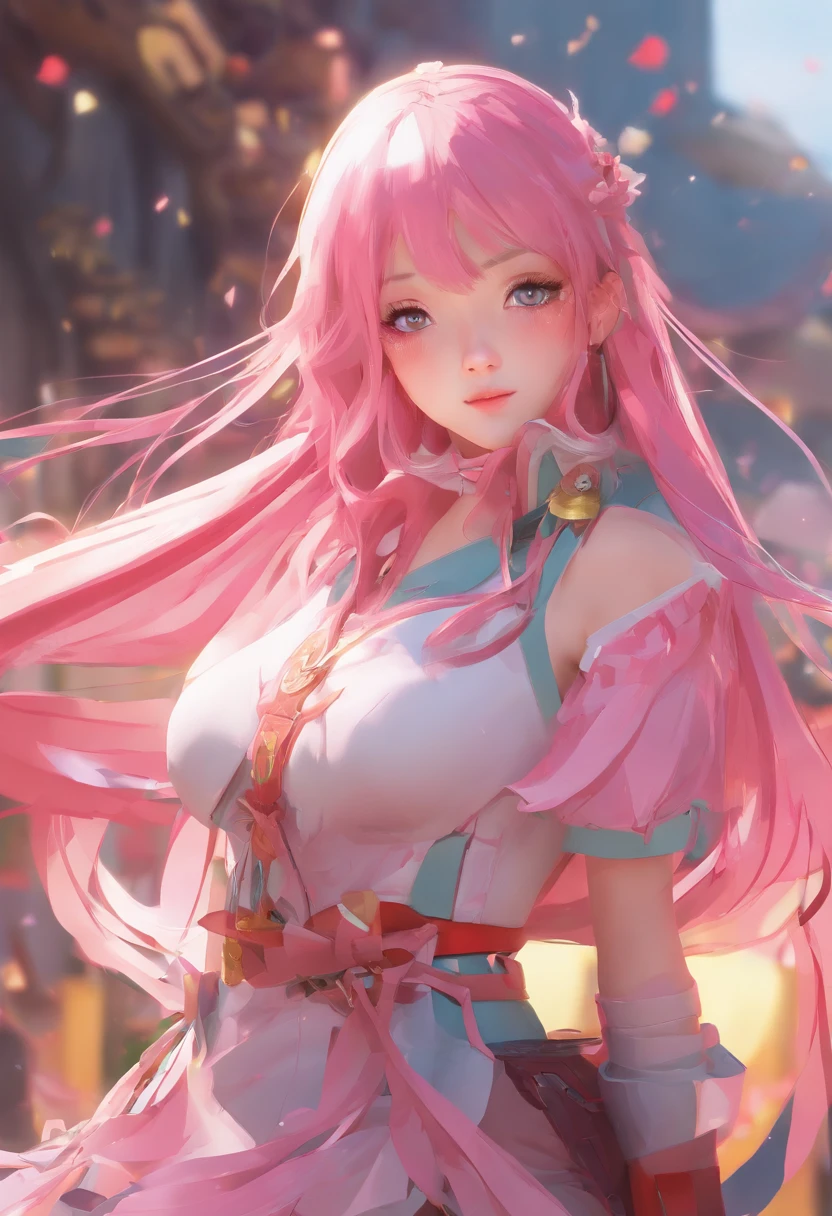 long pink  hair，anime girl with a sword in her hand, wlop and krenz cushart, Best anime 4k konachan wallpaper, Detailed digital anime art, 4k highly detailed digital art, highly detailed anime, 8K high quality detailed art, Anime art wallpaper 4 K, Anime art wallpaper 4k, krenz cushart and wenjun lin