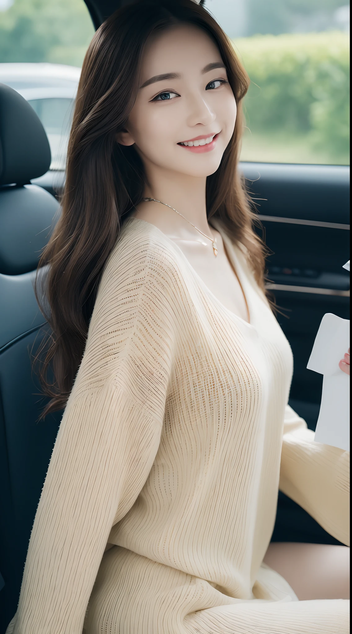 ((top-quality、8k、​masterpiece:1.3))、focus:1.2、Perfect Body Beauty:1.4、s ass:1.2、((delicate hair))、(sweater dress:1.1)、(sportscar、street:1.2)、Highly detailed facial and skin texture、Narrow-eyed、二重まぶた、Whitened skin、a smile、a necklace、gyuru、Person sitting in a car、爆乳