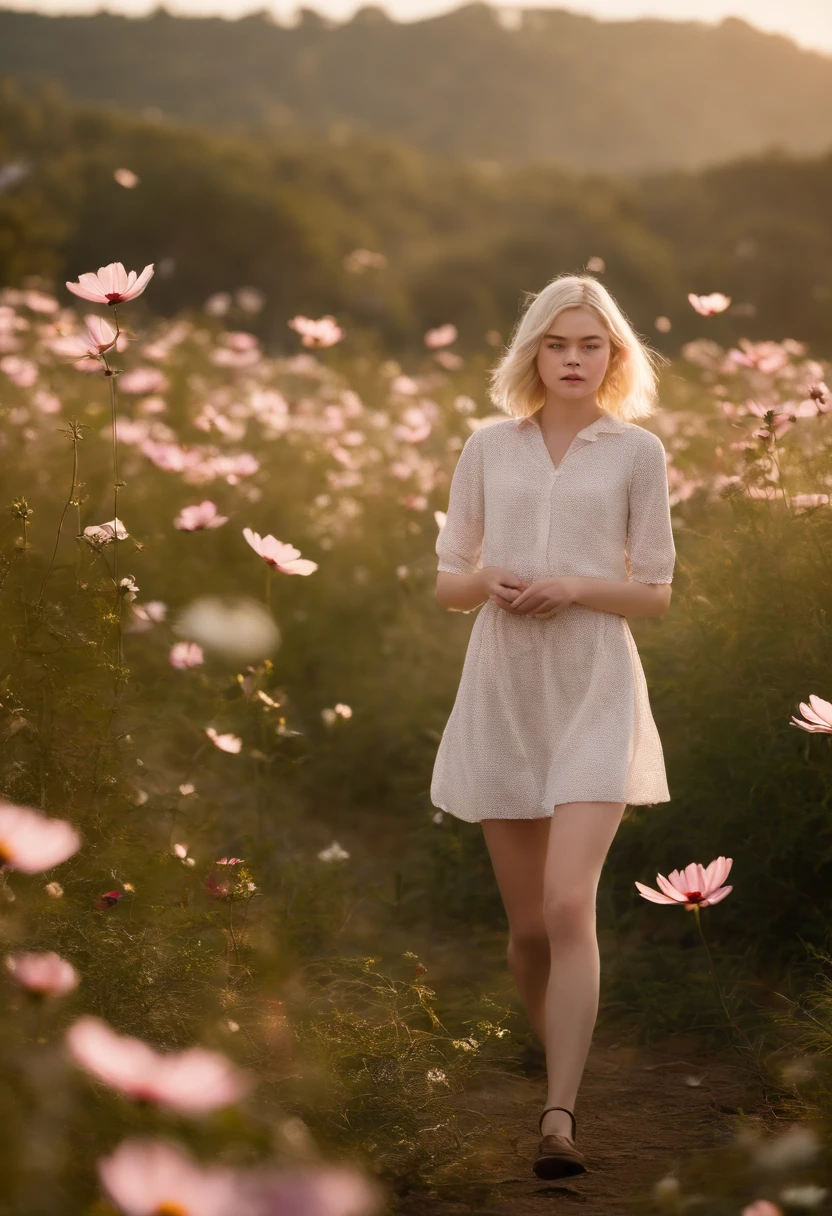 Very short hairstyle,Little fat girl,Cosmos Field,(((Cosmos blooms profusely))),(((cosmos))),Autumn sunshine pouring down from behind、The atmosphere of Elle Fanning,tiarra,cotton dress,(((thighs thighs thighs thighs))),bare-legged,white hair,Curly,angry looking face,12-year-old girl,short-haired,soft sunlight,(((birdseye view))),Sauce order,up of face,Kamimei,(((hitornfreckles))),medium close-up