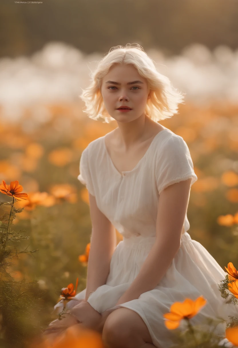 Very short hairstyle,Little fat girl,Cosmos Field,(((Cosmos blooms profusely))),(((cosmos))),Autumn sunshine pouring down from behind、The atmosphere of Elle Fanning,tiarra,cotton dress,(((thighs thighs thighs thighs))),bare-legged,white  hair,Curly,angry looking face,,short-haired,soft sunlight,(((birdseye view))),Sauce order,up of face,Kamimei,(((hitornfreckles))),medium close-up
