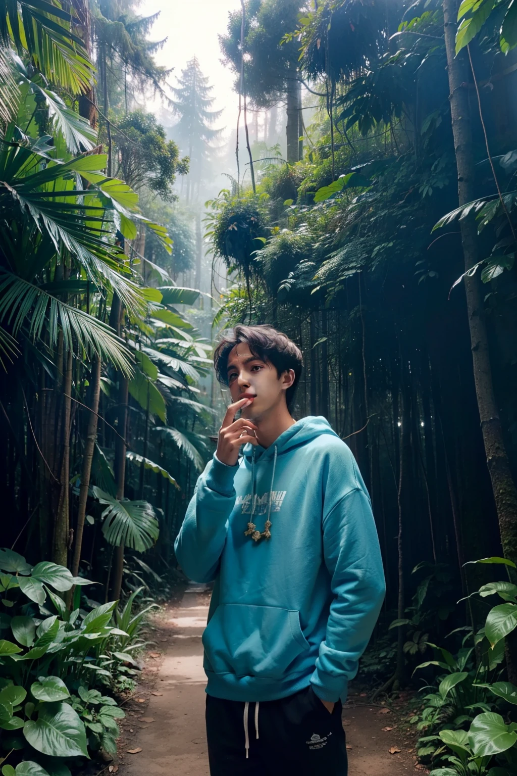 Boy in blue sweatshirt lost in a magical forest far from civilization, fumando um cigarro