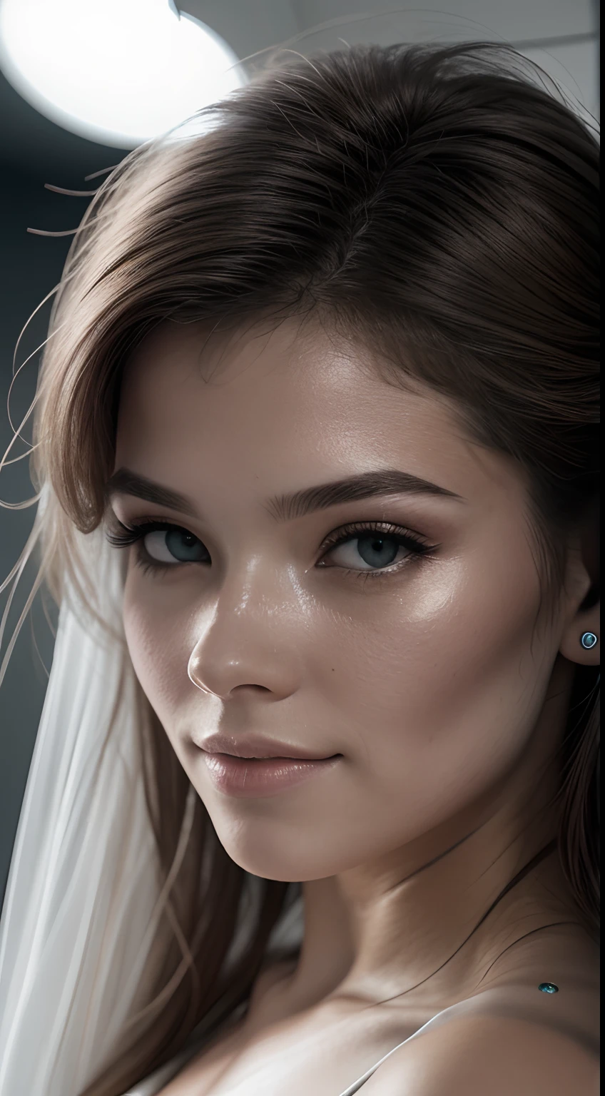 Produza uma imagem de uma jovem de beleza cativante, com olhos azuis profundos e expressivos. The photo should be captured with a 25mm lens to get maximum depth of field and a slight tilt blur. Use uma velocidade do obturador de 1/1000 e uma abertura de F/22 to ensure perfect exposure. Adjust white balance to 32k for natural, vivid tones. Add a touch of super-resolution for ultra-sharp details and render the image in color space Pro Photo RGB. Use mid-rear lighting and highlight the model with backlight to create a dramatic effect. Experiment with soft, volumetric lighting to enhance your beauty. Use conte-jour techniques to create contrasts and global illumination to illuminate every detail. Add rough shadows and bright reflections. Explore lumen reflection effects, Screen Space and Diffraction. Experimente com chromatic aberration, GB displacement and scan lines for an artistic touch. Apply ambient occlusion and anti-aliasing for flawless rendering. Finish with post-processing and toning to achieve incredible cinematic style, max quality!