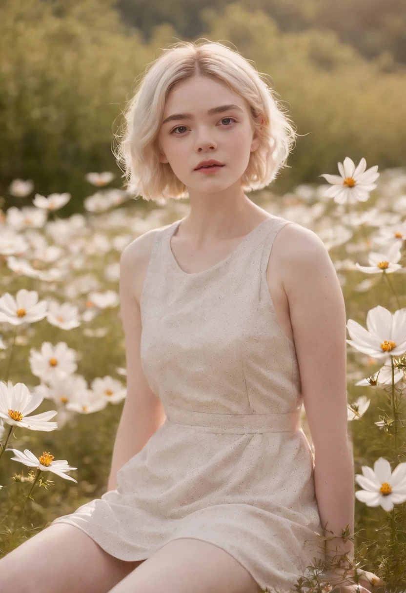 Very short hairstyle,Little fat girl,Cosmos Field,(((Cosmos blooms profusely))),(((cosmos))),Autumn sunshine pouring down from behind、The atmosphere of Elle Fanning,tiarra,cotton dress,(((thighs thighs thighs thighs))),bare-legged,white  hair,Curly,angry looking face,12-year-old girl,short-haired,soft sunlight,(((birdseye view))),Sauce order,up of face,Kamimei,(((hitornfreckles))),medium close-up