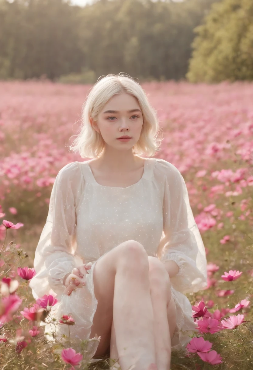Very short hairstyle,Little fat girl,Cosmos Field,(((Cosmos blooms profusely))),(((cosmos))),Autumn sunshine pouring down from behind、The atmosphere of Elle Fanning,tiarra,cotton dress,(((thighs thighs thighs thighs))),bare-legged,white hair,Curly,angry looking face,,short-haired,soft sunlight,(((birdseye view))),Sauce order,up of face,Kamimei,(((hitornfreckles))),medium close-up