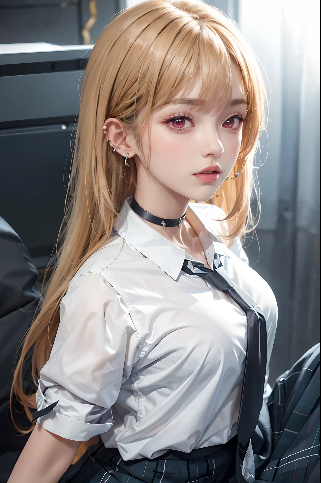 1girl, long hair, earrings, piercing, jewelry, choker, ear piercing, necktie, black choker, skirt, shirt, looking at viewer, white shirt, breasts, collarbone, bangs, blue skirt, solo, collared shirt, very long hair, black necktie, school uniform, medium breasts, plaid