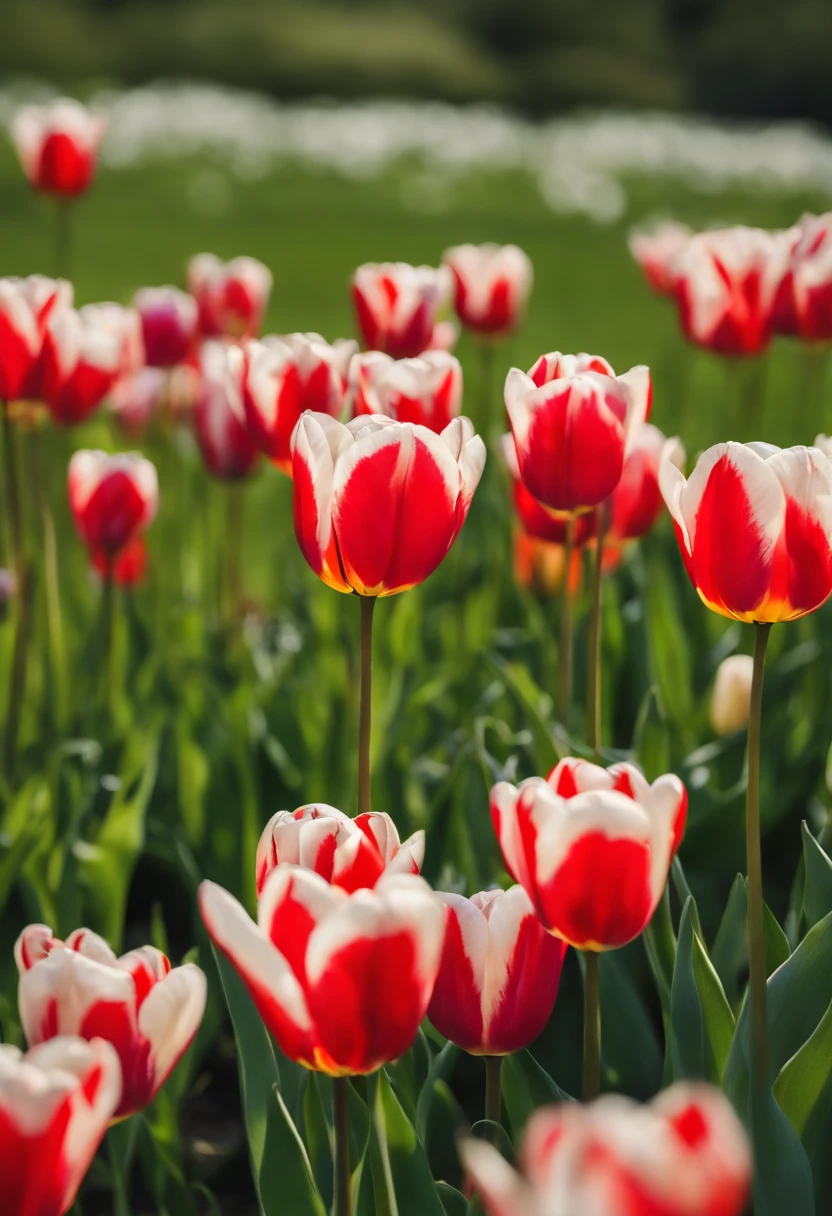 A small number of tulip flowers，A large area of green grass in the middle view，The vista is alpine, the blue sky is white, and goes，Natural light at noon，1:3:1，masterpiece，8K