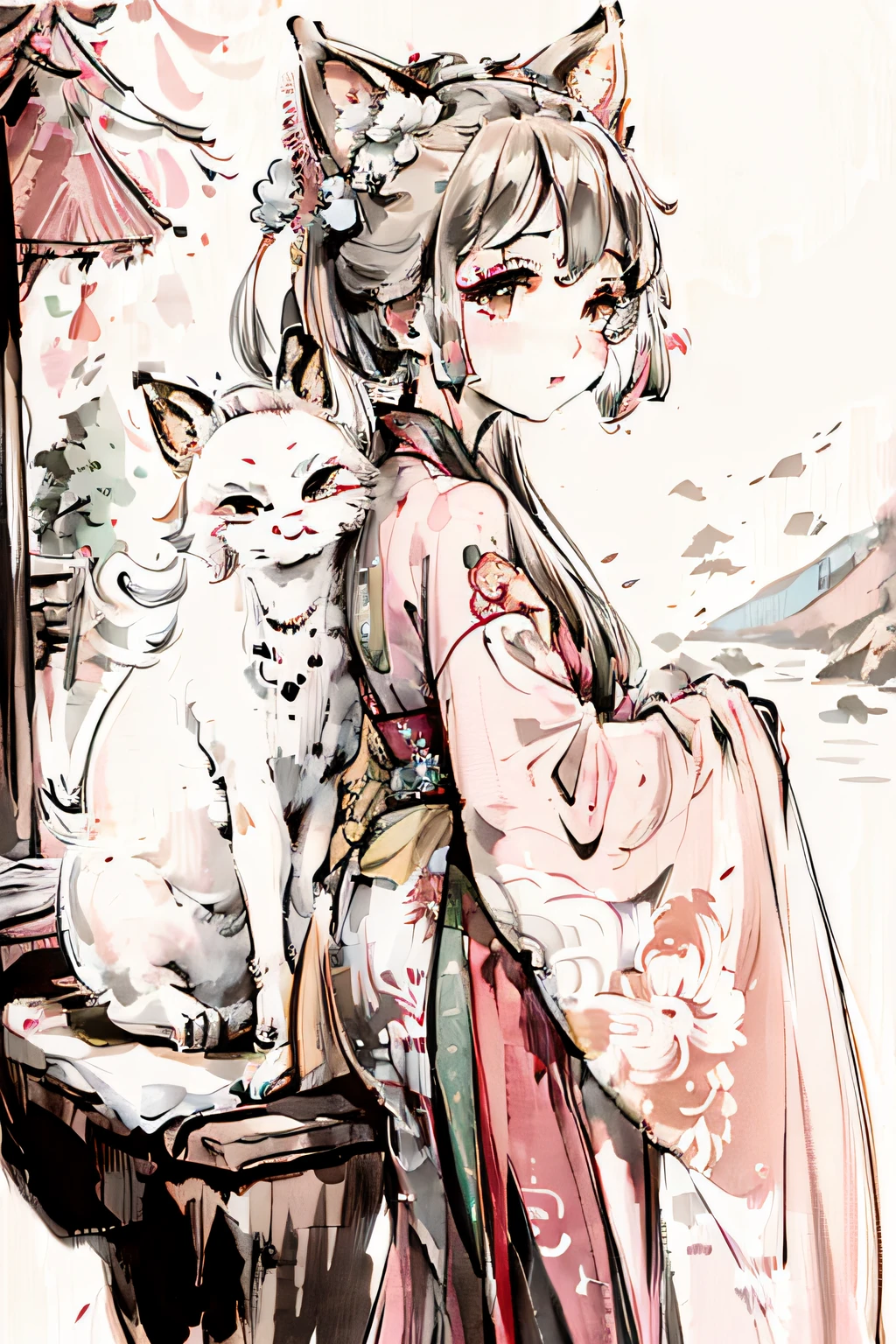 Kizi，wearing a hanfu，in pink，Hold a fox，Chinese fox，Mountain and Sea Sutra，White fox，nine tail fox，China-style