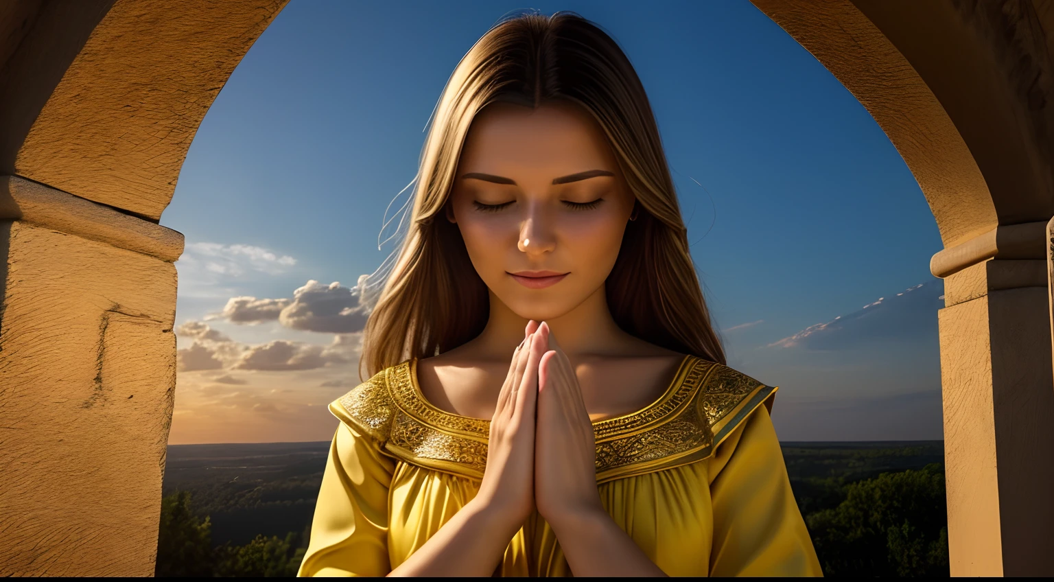 A real ukrainian beautiful woman with closed eyes, hands clasped in a prayer gesture, praying with a bright glow surrounding her face and shoulders. She is wearing normal clothing with a high level of realism and many detailed features