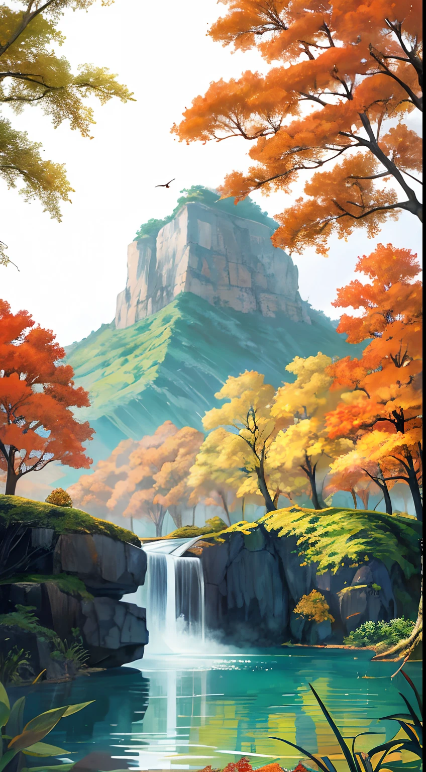 RAW photo of the landscape，The finest details，realisticlying，（The sunset and the solitary crane fly together，Autumn water is a long day，There is only one color 1.2），fog atmosphere，Chinese Antiquity、autumnal、jungles、Wild goose，lakes、hole in the mountains、waterfallr，The tree、grassy fields、Rochas、fawn、hot onsen、hydrosphere、（illustratio：1.0）、Epic composition、Realistic lighting、high definition detail、tmasterpiece、Best quality，（非常详细的 CG 统一 8k 壁纸）ads，Ad composition，Aesthetic composition。Autumn colors，Illustration poster。