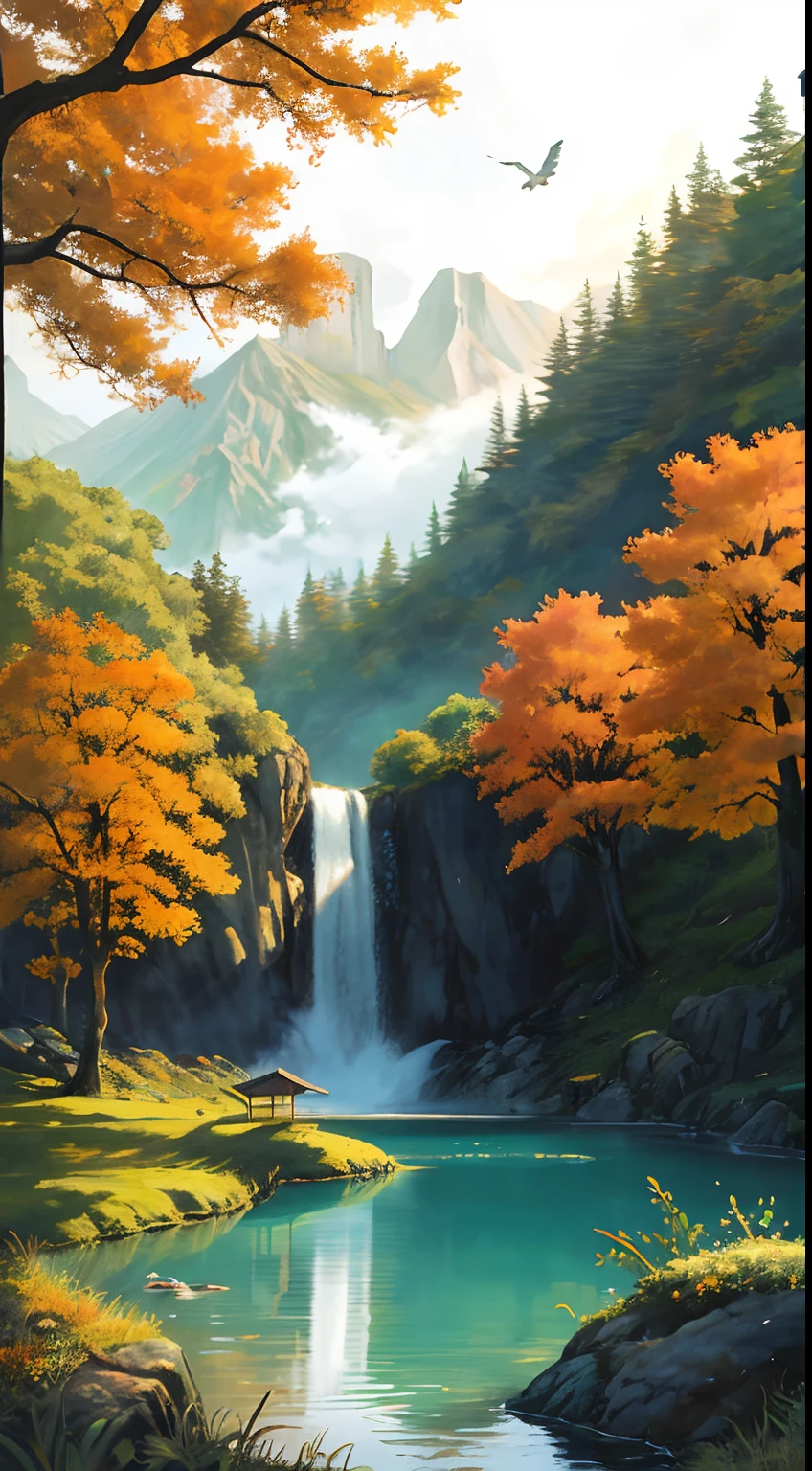 RAW photo of the landscape，The finest details，realisticlying，（The sunset and the solitary crane fly together，Autumn water is a long day，There is only one color 1.2），fog atmosphere，Chinese Antiquity、autumnal、jungles、Wild goose，lakes、hole in the mountains、waterfallr，The tree、grassy fields、Rochas、fawn、hot onsen、hydrosphere、（illustratio：1.0）、Epic composition、Realistic lighting、high definition detail、tmasterpiece、Best quality，（非常详细的 CG 统一 8k 壁纸）ads，Ad composition，Aesthetic composition。Autumn colors，Illustration poster。