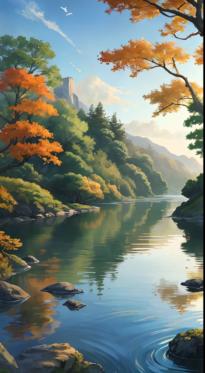 RAW photo of the landscape,The finest details,realisticlying,(The sunset and the solitary crane fly together,Autumn water is a long day,There is only one color 1.2),fog atmosphere,Chinese Antiquity、autumnal、jungles、Wild goose,lakes、hole in the mountains、waterfallr,The tree、grassy fields、Rochas、fawn、hot onsen、hydrosphere、(illustratio:1.0)、Epic composition、Realistic lighting、high definition detail、tmasterpiece、Best quality,(非常详细的 CG 统一 8k 壁纸)ads,Ad composition,Aesthetic composition。Autumn colors,Illustration poster。