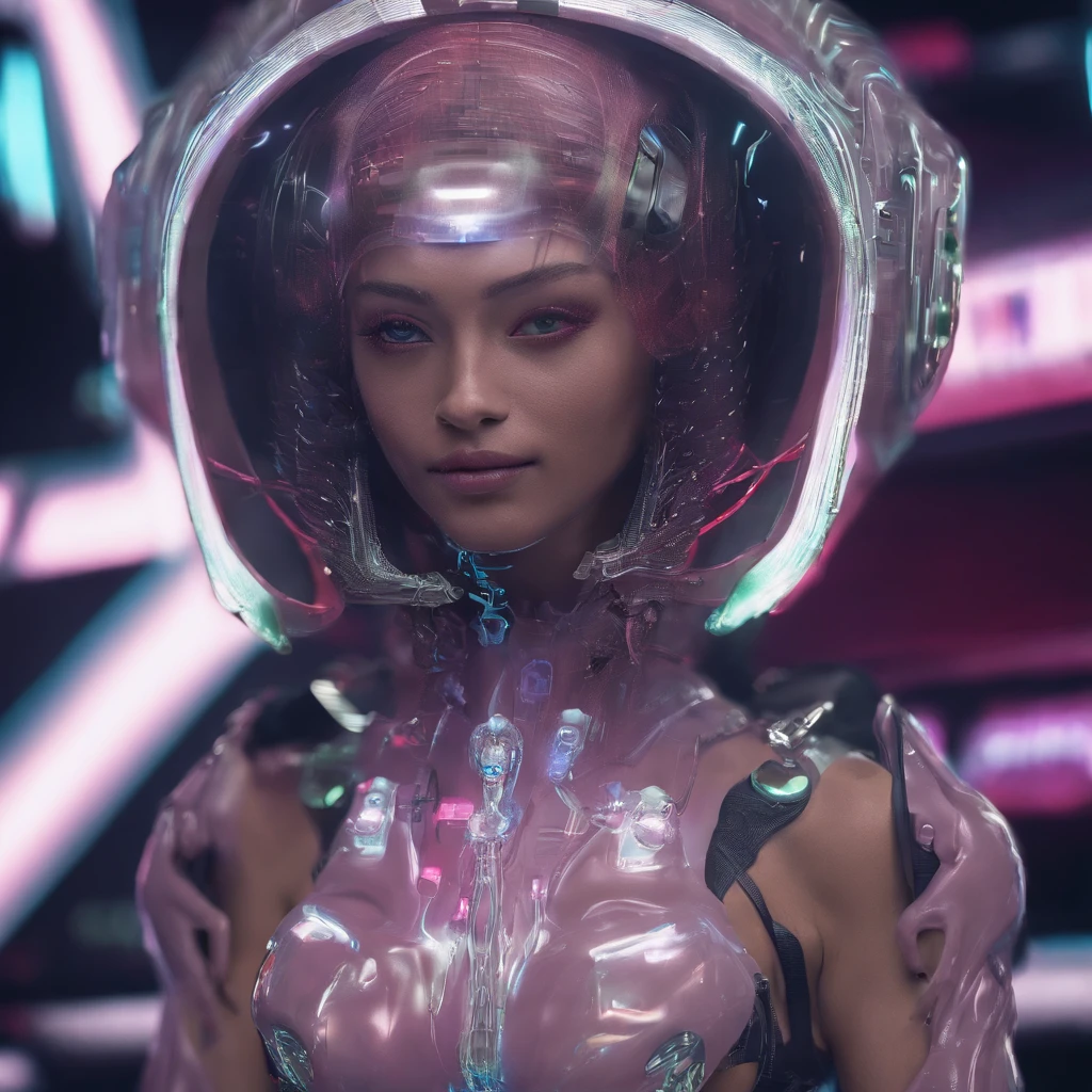 Conceptual dress inspired by the theme of artificial intelligence, nas cores rosa, lilac, branco e prata, com gliter, holographic texture and pearls