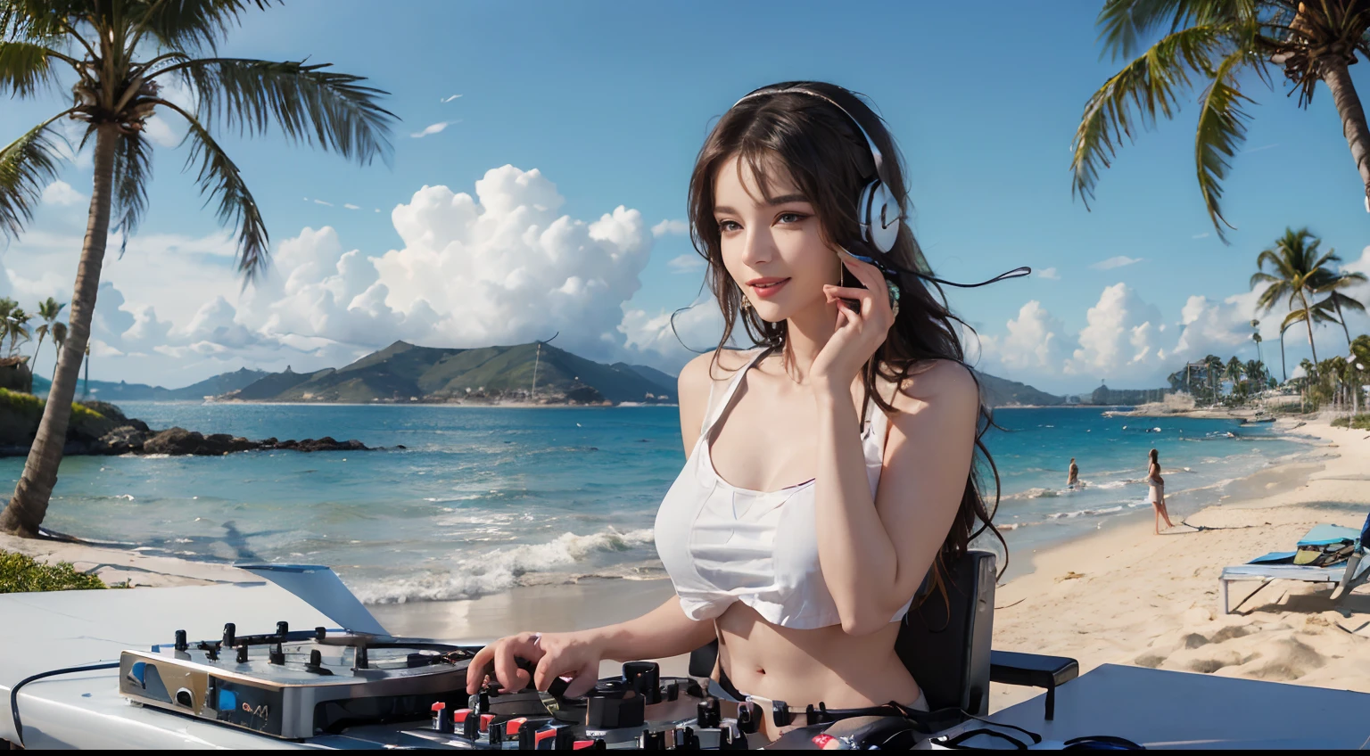teenage Korean girl pale skin white bikini full body singing orange microphone on cruise deck night