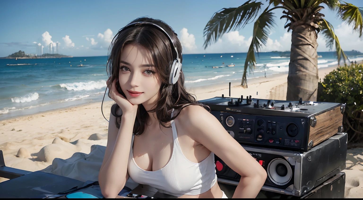 ((best qualtiy, 8K, tmasterpiece:1.3)), edgy:1.2, A beautiful woman with a perfect body:1.4, Slim Abs:1.2, ((Layered hairstyle, Big:1.5)), (Athens,the street:1.2),saturated:1.5,Highly detailed facial and skin texture,A detailed eye,Double eyelidd,Look at the camera sideways,open shirt,navels,exposed navel,Cover your chest with your hands,hands on breasts, Sunny weather, seaside, waves, palm tree, White tank top and ripped shorts, seaside, waves, palm tree, seaside, waves, palm tree, seaside, waves, palm tree, seaside, waves, palm tree,(Wear large headphones for DJs), (Woman manipulating DJ mix equipment), (Sorrisos), (Sorrisos)