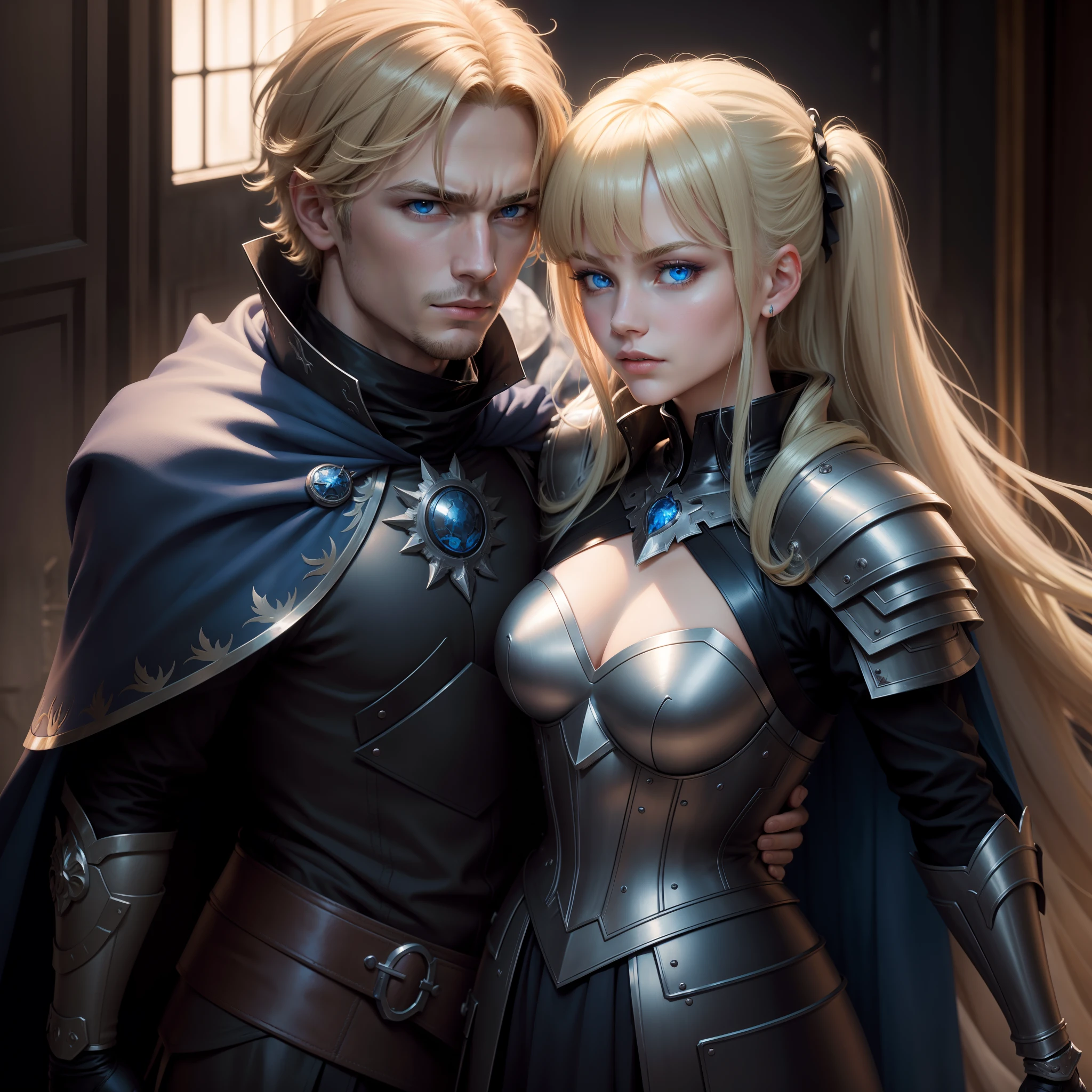 masterpiece, best quality, 1man and 1female, adult, male and female focus, solo, medium blonde hair, vibrant blue eyes, gloves, looking at viewer, cape, High quality metal texture, semi metal armor, closed mouth, black metalic gloves, upper body, bangs, high collar,(kbxll:0.6), Fantasy aesthetics, Highly detailed