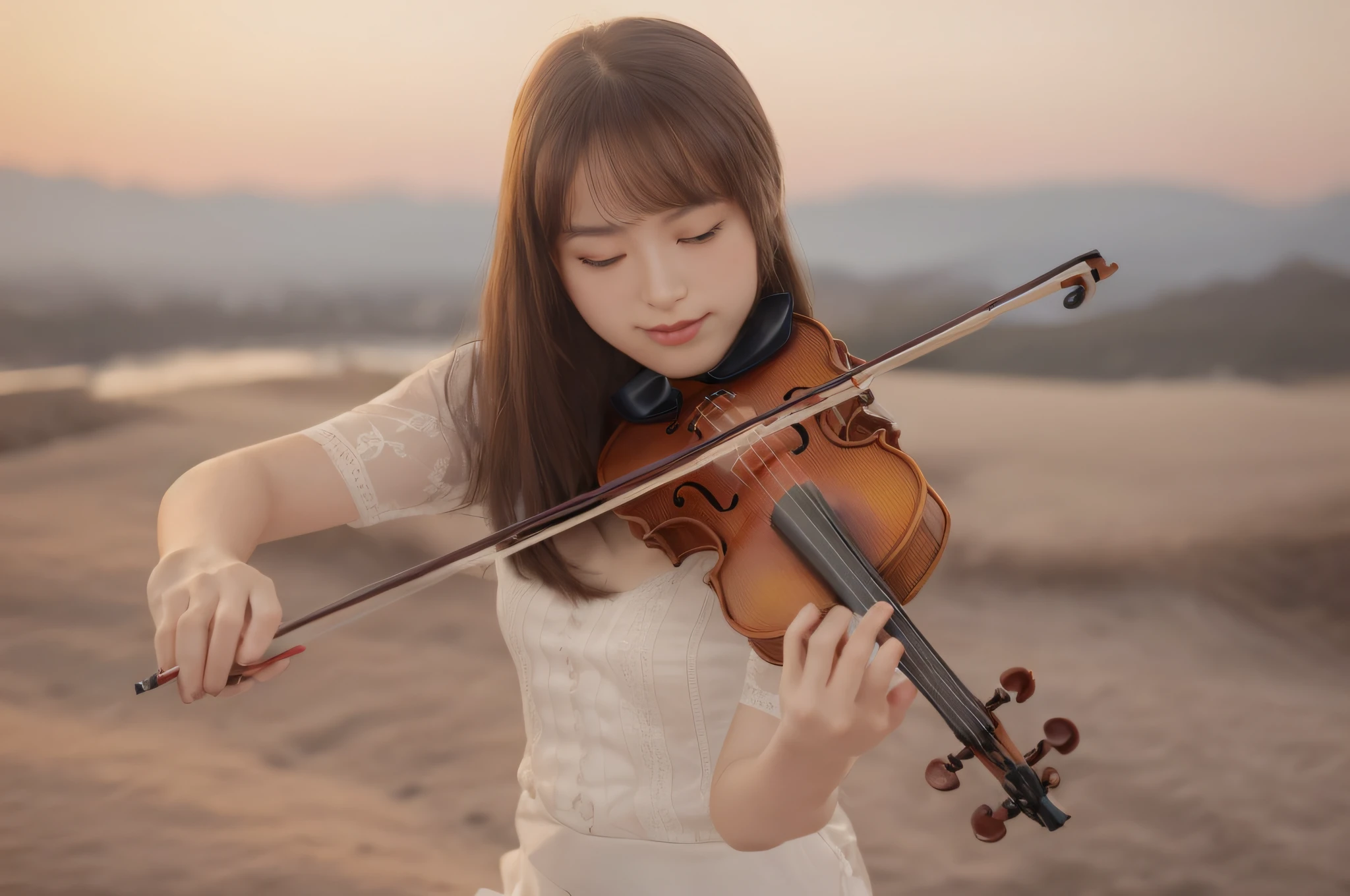 1 girl, beautiful woman playing the violin, beautiful violin, (photorealistic:1.4), Best quality, 8k, Masterpiece, raw photo, (wide angle lens), Ultra-detailed face, Detailed eyes, (((nice hand, perfect hand)))