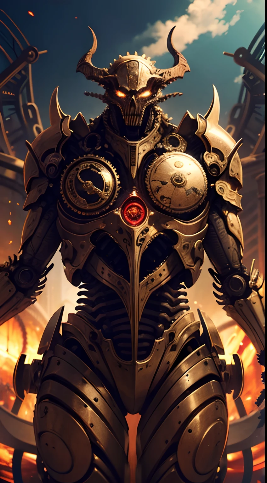 8k, masterpiece, detailed image, expressive background, mechanical monster, machinery, gears, metallic, flesh, skeleton, Lovecraftian, chaotic, monster, distortion, abomination, chimera, alien