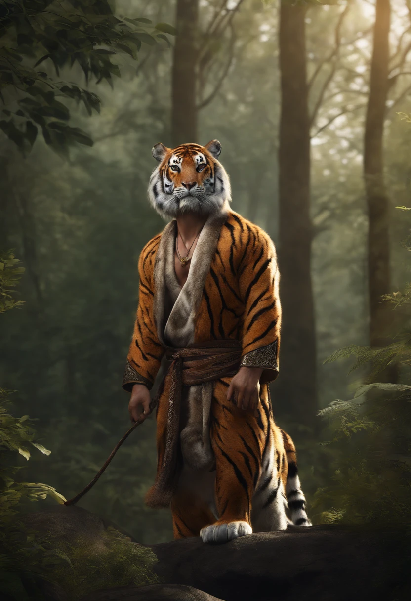 anthro (tiger), male, adult, muscular, kimono, (realistic fur, detailed fur texture:1.2), detailed background, wilderness background, photorealistic, hyper realistic, ultra detailed,