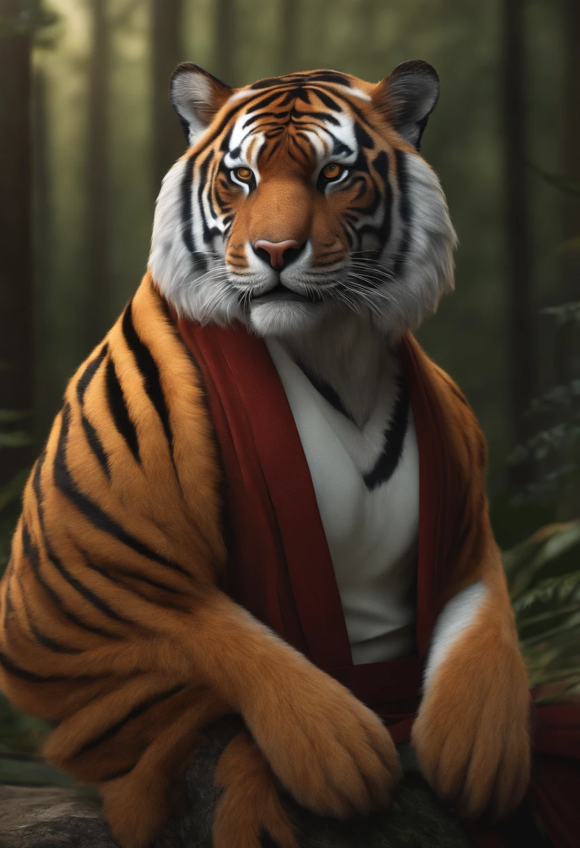 anthro (tiger), male, adult, muscular, kimono, (realistic fur, detailed fur texture:1.2), detailed background, wilderness background, photorealistic, hyper realistic, ultra detailed,