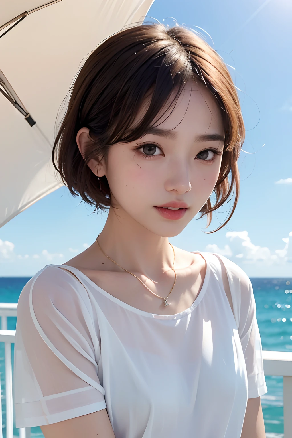 (Ultra photo realsisim), (Illustration), (High resolution), (8K), (Very detailed), (Best Illustration), (Beautiful detailed eyes), (Best Quality), (ultra-detailliert), (masutepiece), (wall-paper), (Detailed face),full of sweat, full body ,brunette color hair,cleavage,Solo,Cosplay, japanes, huge tit, Smile, sea at night, small bikini
