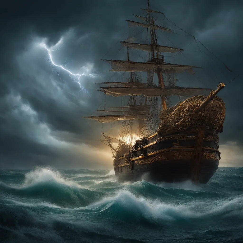 {Generate an Image of} a powerful and turbulent storm engulfing a vast expanse of ocean, with waves crashing against a ship that finds itself caught within the eye of the storm. The scene is characterized by dark and menacing clouds that dominate the sky, accompanied by intense lightning flashes and swirling winds. The waves are colossal, rising high and crashing with fury against the sides of the ship. In the center of this chaos, a surreal calmness emerges as the ship enters the eye of the storm, where the sky momentarily clears and the sea becomes surprisingly serene. The contrast between the chaotic outer tempest and the relative calmness within the eye is the focal point of the composition. Captain Redbeard's ship, "The Sea Serpent," sliced through the foamy waves, spurred by whispers of the Sunken City's treasure. Legends spoke of a chest, the "Heart of the Ocean," filled with gold and gems that shimmered even in the abyss's darkness.