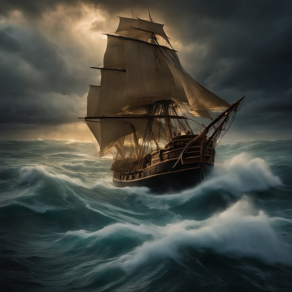 {Generate an Image of} a powerful and turbulent storm engulfing a vast expanse of ocean, with waves crashing against a ship that finds itself caught within the eye of the storm. The scene is characterized by dark and menacing clouds that dominate the sky, accompanied by intense lightning flashes and swirling winds. The waves are colossal, rising high and crashing with fury against the sides of the ship. In the center of this chaos, a surreal calmness emerges as the ship enters the eye of the storm, where the sky momentarily clears and the sea becomes surprisingly serene. The contrast between the chaotic outer tempest and the relative calmness within the eye is the focal point of the composition. Captain Redbeard's ship, "The Sea Serpent," sliced through the foamy waves, spurred by whispers of the Sunken City's treasure. Legends spoke of a chest, the "Heart of the Ocean," filled with gold and gems that shimmered even in the abyss's darkness.