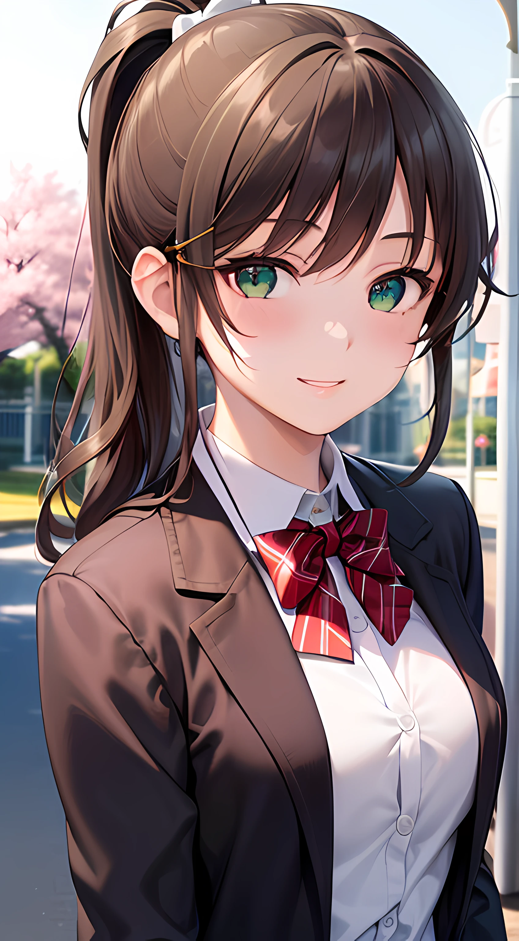 ((masterpiece, best quality, highres, UHD, perfect pixel, depth of field, 4k, RTX, HDR))), 1girl, single, solo, beautiful anime girl, beautiful artstyle, anime character, ((long hair, bangs, dark brown hair, curly hair:0.4, simple hair pin, ponytail)), ((green eyes:1.4, rounded eyes, beautiful eyelashes, realistic eyes)), ((detailed face, blushing:1.2)), ((smooth texture:0.75, realistic texture:0.65, photorealistic:1.1, anime CG style)), medium breasts, ((dynamic angle, portrait)), perfect body, ((red bowtie, school uniform, black jacket, open jacket, brown cardigan, white shirt, black skirt, plaid skirt)), smile, beautiful teeth, amusement park, cherry blossoms