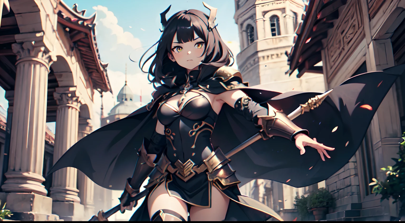 1 Girl, Xin From Kingdom Anime, Armored With Pure Black Warlord Armor With A Cape, Ultra High Definition, 8k, Handsome, Black And Yellow Pupil Eyes, Long White Hair, Ancient Kingdom Background, Extremely Detailed, Holding A Long Spear, Body To Leg Body Shot,