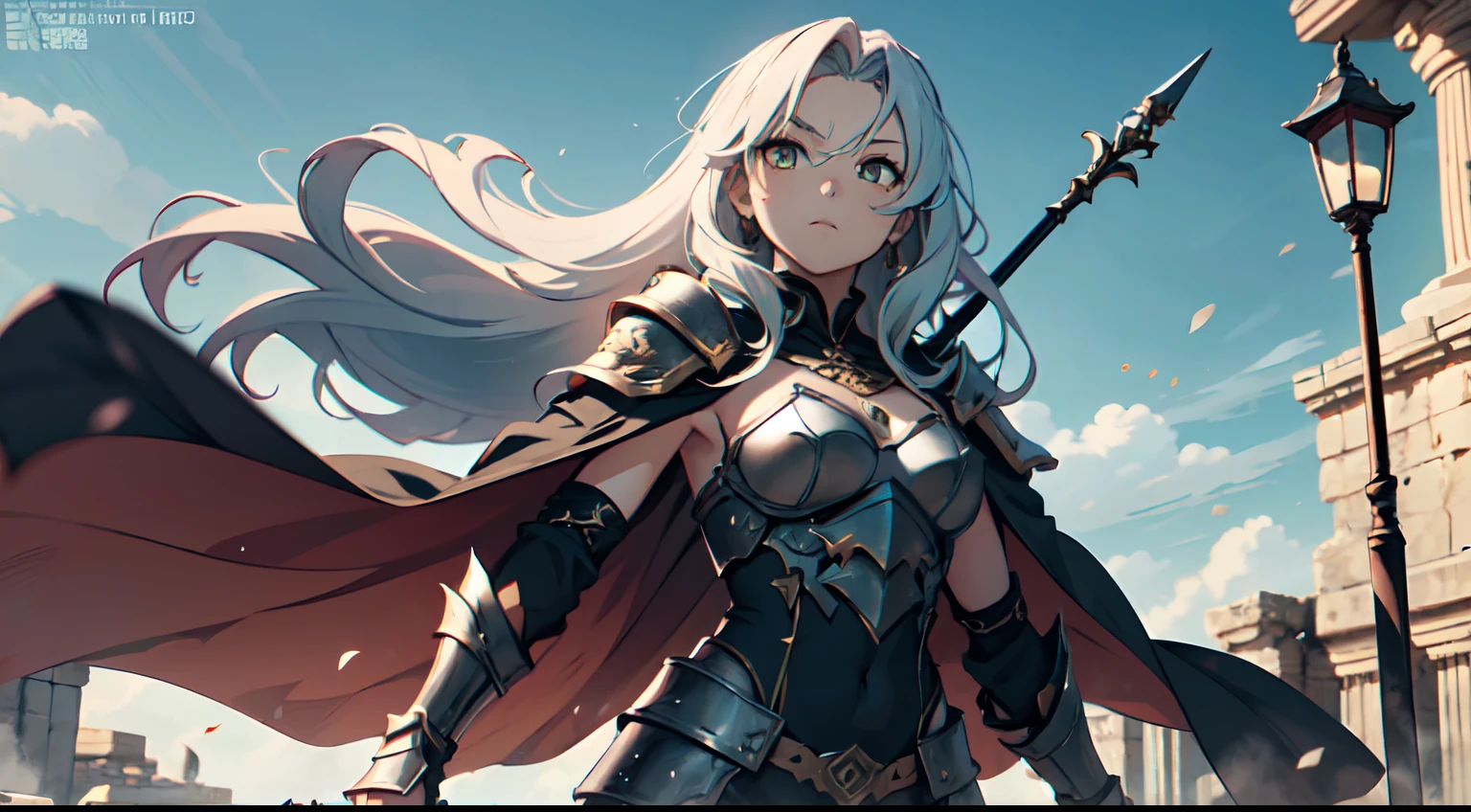 1 Girl, Xin From Kingdom Anime, Armored With Pure Black Warlord Armor With A Cape, Ultra High Definition, 8k, Handsome, Black And Yellow Pupil Eyes, Long White Hair, Ancient Kingdom Background, Extremely Detailed, Holding A Long Spear, Body To Leg Body Shot,