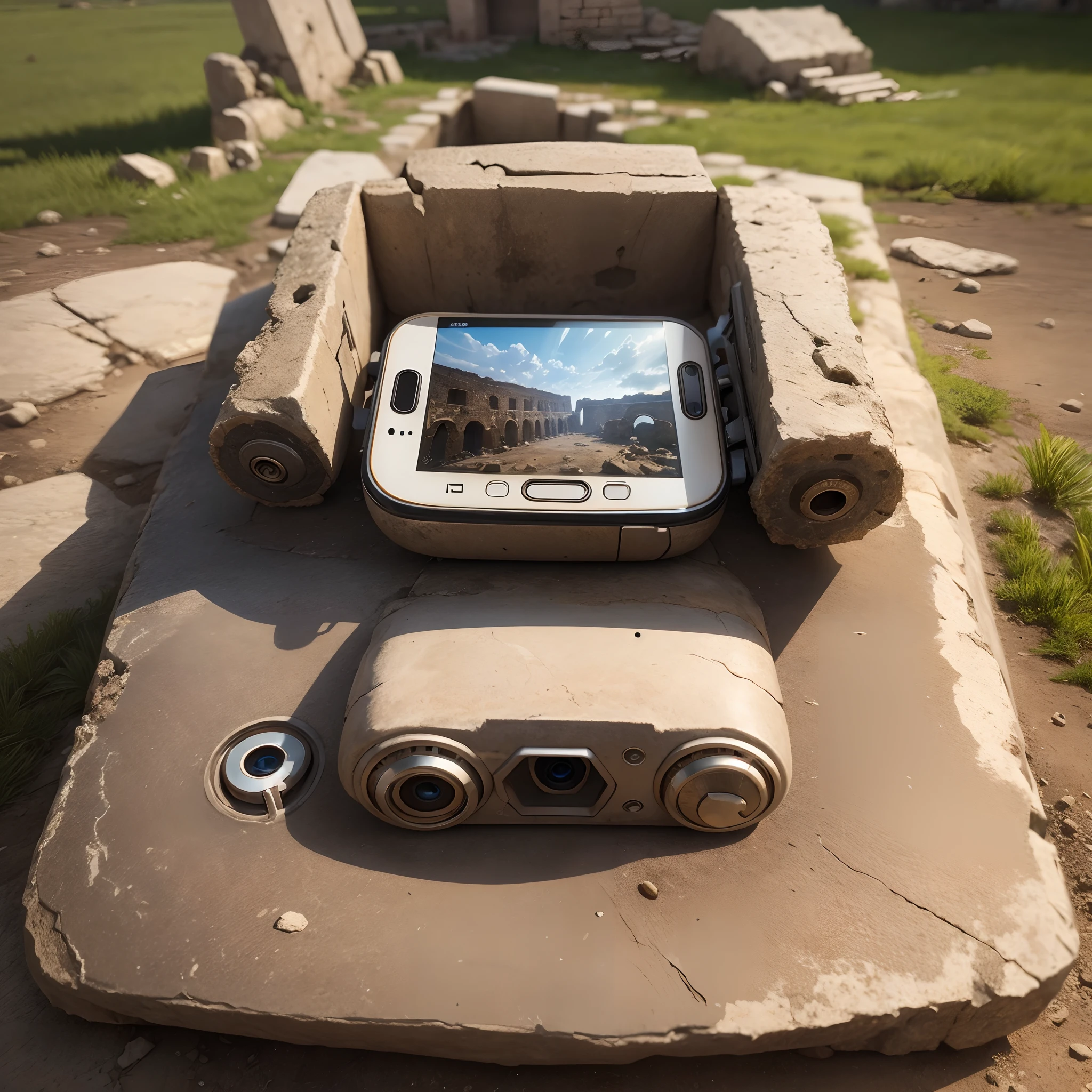 An ancient smartphone excavated from an ancient ruin, masterpiece, super detail, best quality