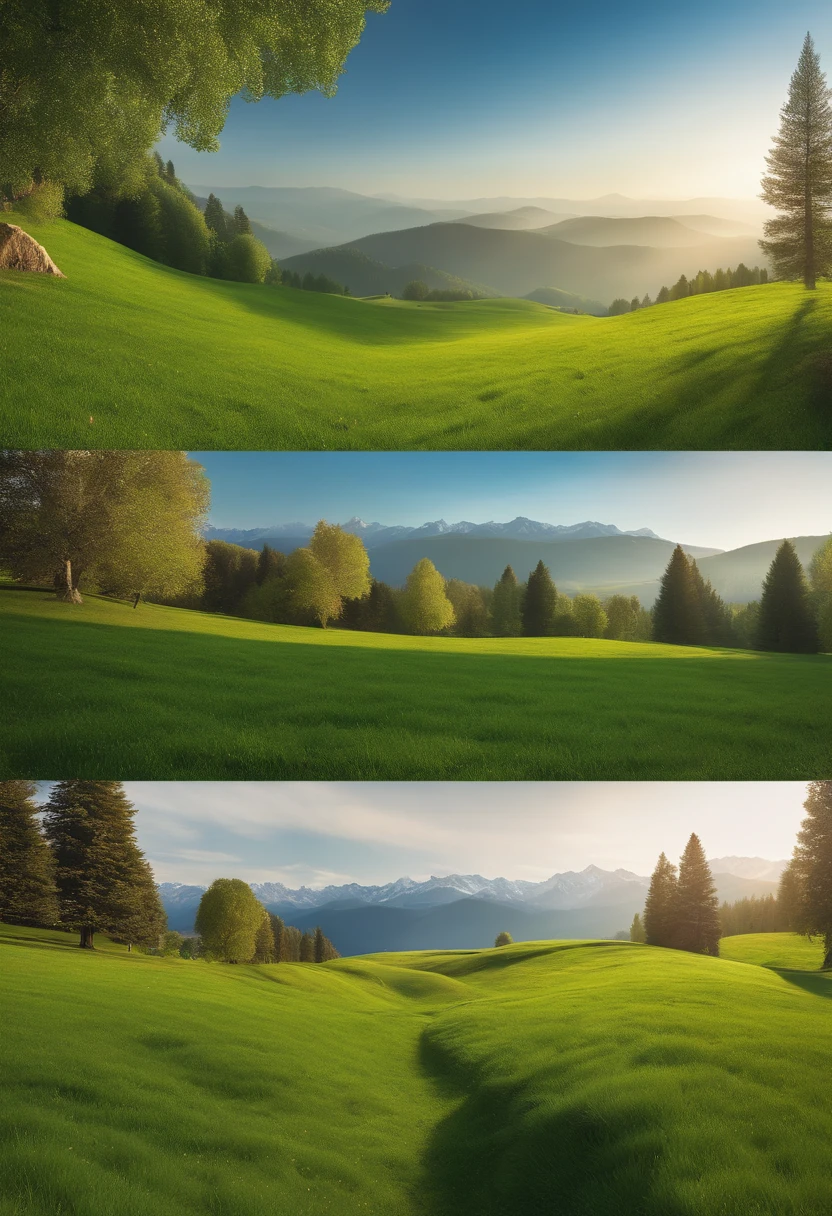 C4D e-commerce background，Large green meadows，The vista is alpine, the blue sky is white, and goes，Natural light at noon，3:2，masterpiece，8K