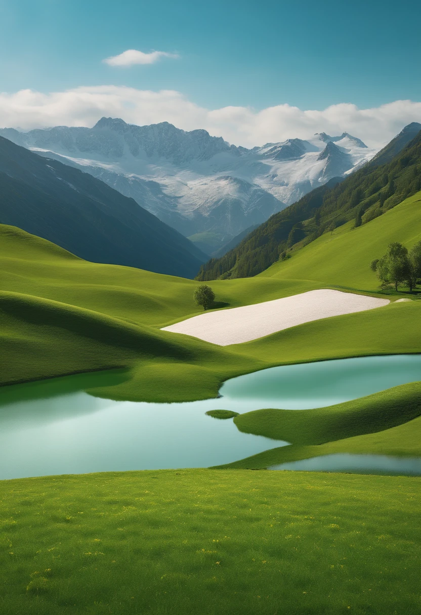 C4D e-commerce background，Large green meadows，The vista is alpine, the blue sky is white, and goes，Natural light at noon，3:2，masterpiece，8K