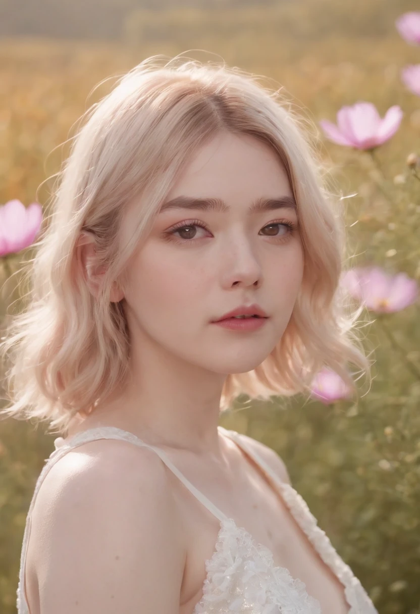 Very short hairstyle(medium close-up), fat girl,Cosmos Field,(((Cosmos blooms profusely))),(((cosmos))),Autumn sunshine pouring down from behind、The atmosphere of Elle Fanning,tiarra,cotton dress,(((thighs thighs thighs thighs))),bare-legged,white  hair,Curly,angry looking face,12-yeaoldl,shohaired,soft sunlight,(((birdseye view))),Sauce order,up of face,Kamimei,(((hitornfreckles)))