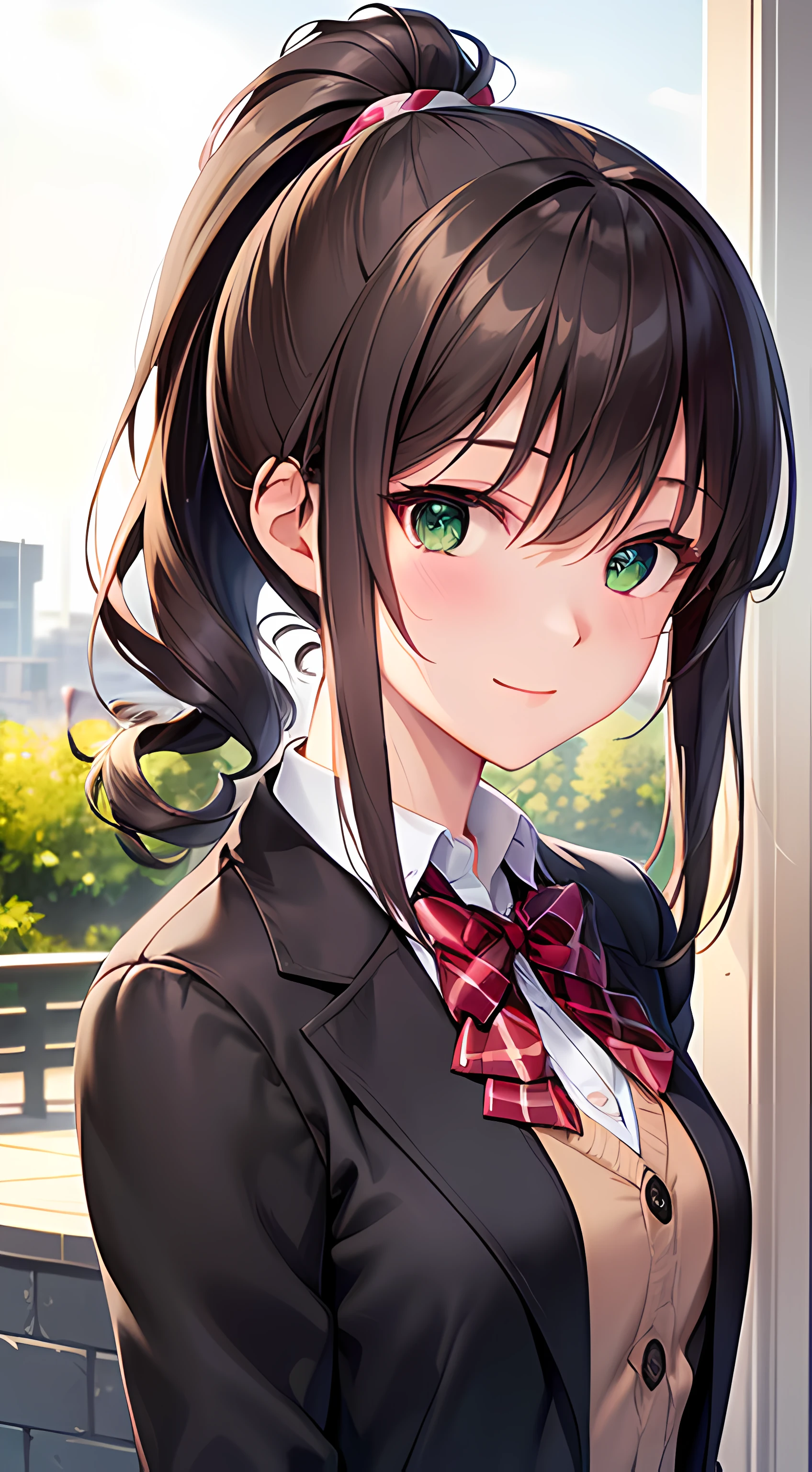 ((masterpiece, best quality, highres, UHD, perfect pixel, depth of field, 4k, RTX, HDR))), 1girl, single, solo, beautiful anime girl, beautiful artstyle, anime character, ((long hair, bangs, dark brown hair, curly hair:0.4, simple hair pin, ponytail)), ((green eyes:1.4, rounded eyes, beautiful eyelashes, realistic eyes)), ((detailed face, blushing:1.2)), ((smooth texture:0.75, realistic texture:0.65, photorealistic:1.1, anime CG style)), medium breasts, ((dynamic angle, portrait)), perfect body, ((red bowtie, school uniform, black jacket, open jacket, brown cardigan, white shirt, black skirt, plaid skirt)), smile, amusement park, cherry blossoms