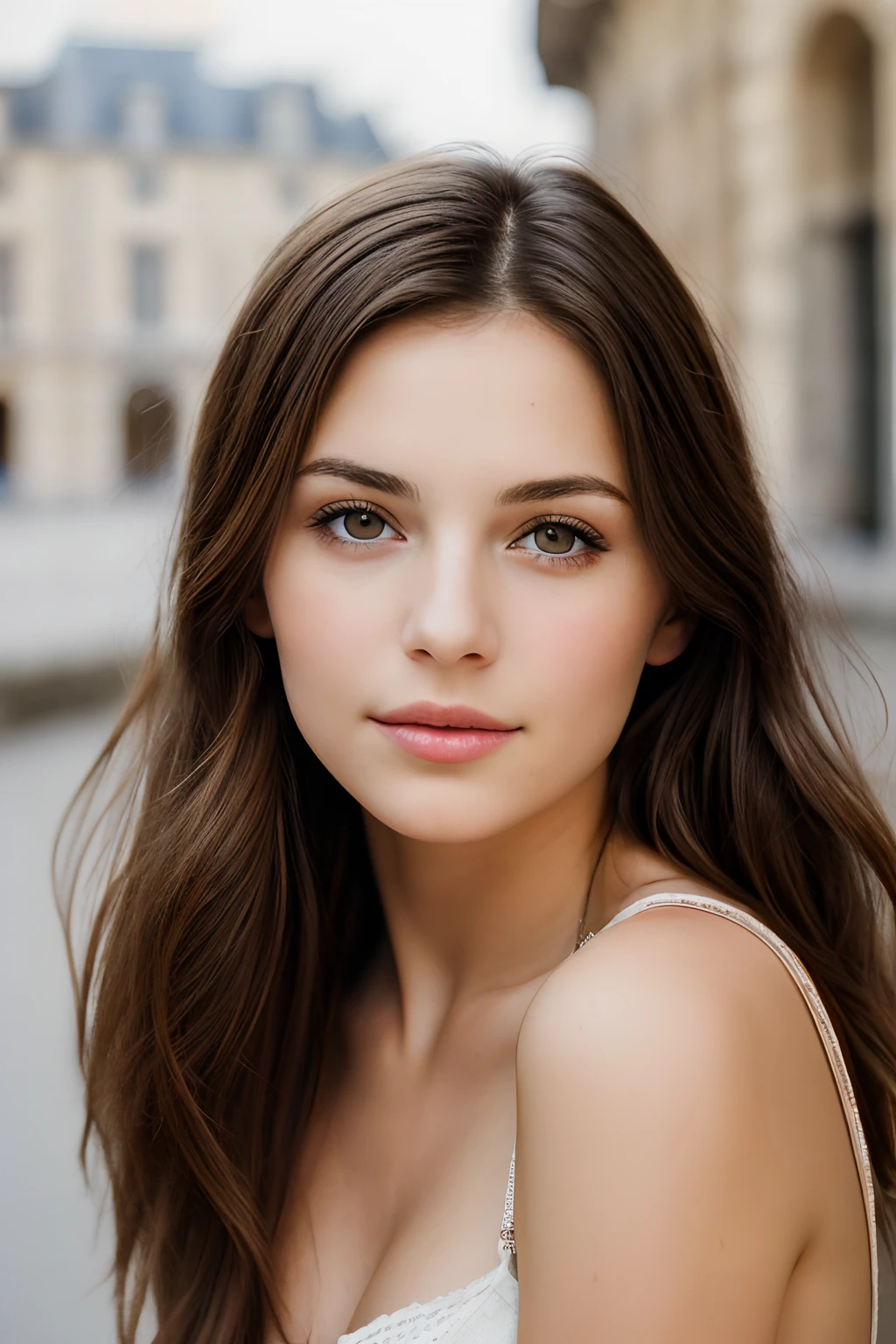 portrait of an brunette woman in france, clear facial features, Cinematic, 35mm lens, f/1.8, accent lighting, global illumination --uplight --v 4