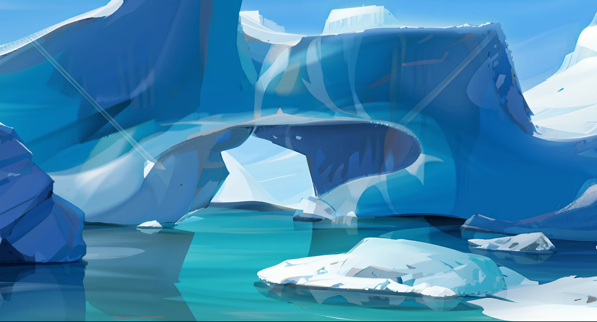 There is a polar bear standing on a rock, pillars of ice background, ice cave, Icebergs, digital painting concept art, glossy digital painting, ice mountain, arte de fundo, mountains made out of icebergs, high detail digital painting, icy landscape, dreamlike digital painting, environmentart, ice river, concept-art, ice mountains afar, concept-art, Detailed digital painting