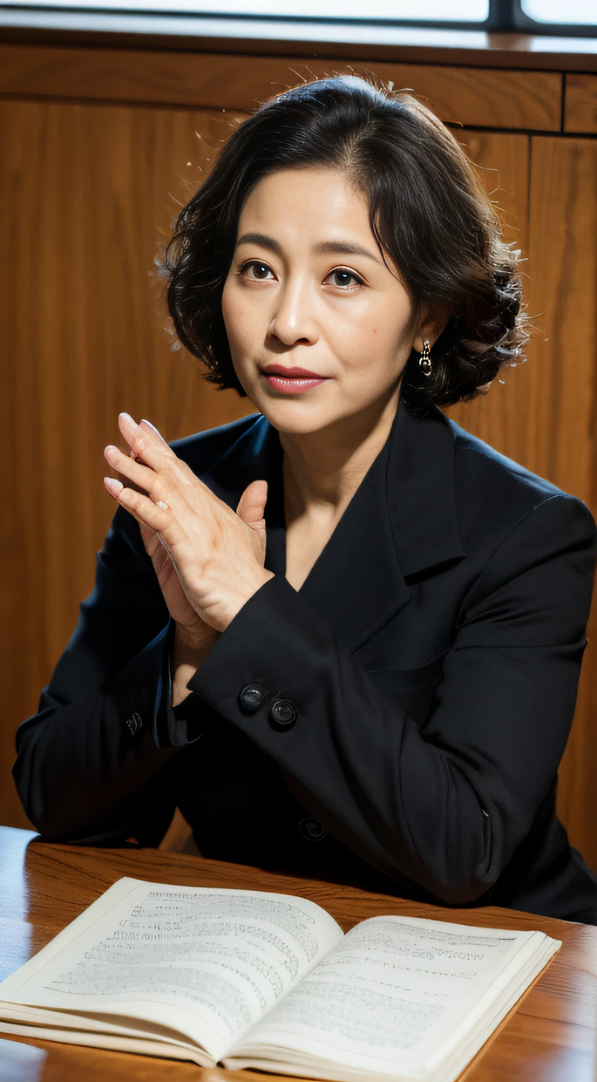 ((Best quality, 8K, Masterpiece, Portrait: 1.3)), (view the viewer), Photorealistic, Sharp focus, Solo, The Moro Islamic Liberation Front of Japan, Beauty, 28 years old, 
Named"fires",Curly hair, Wrinkled eyes, office lady suit, office room, Office desk,