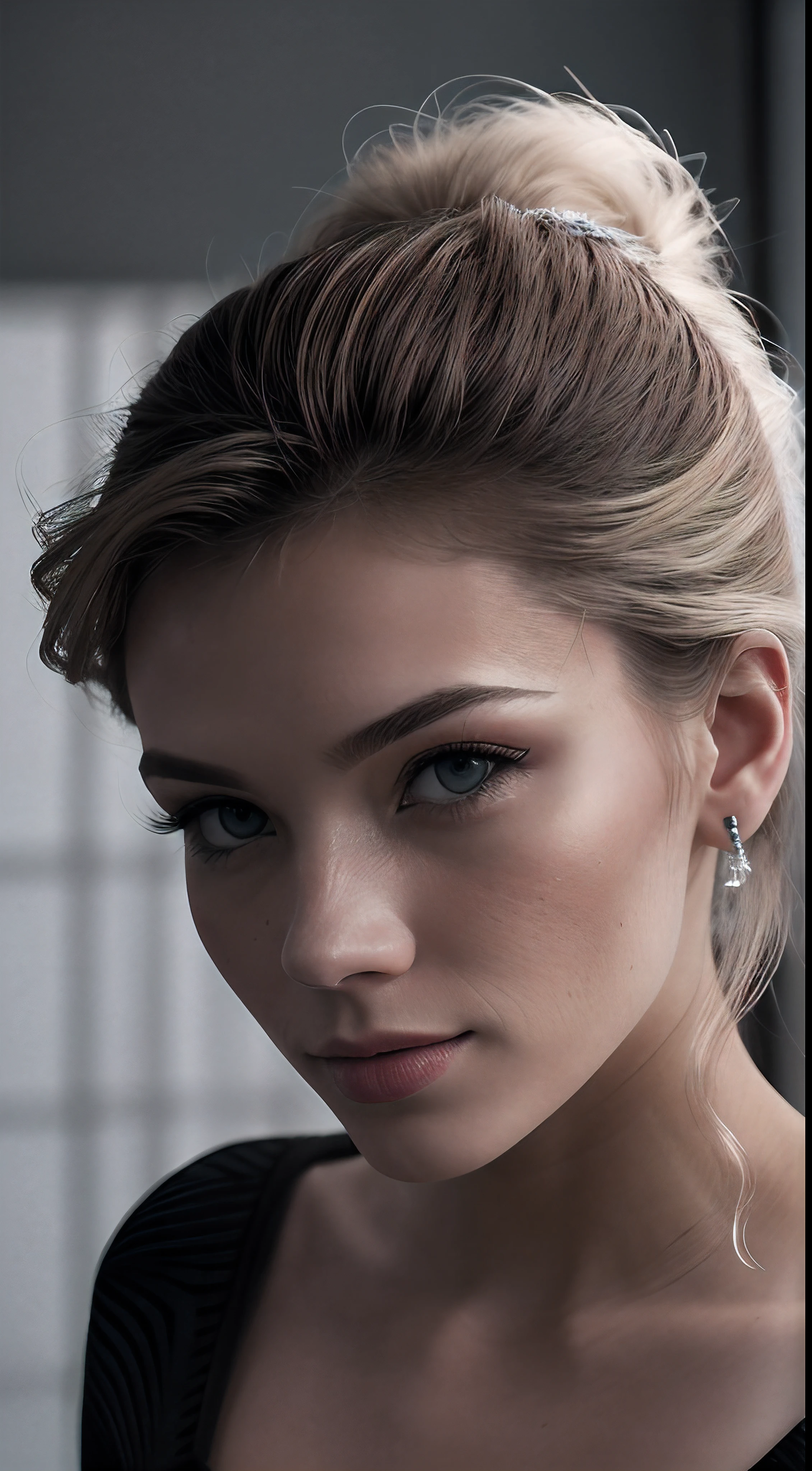Produza uma imagem de uma jovem de beleza cativante, com olhos azuis profundos e expressivos. The photo should be captured with a 25mm lens to get maximum depth of field and a slight tilt blur. Use uma velocidade do obturador de 1/1000 e uma abertura de F/22 to ensure perfect exposure. Adjust white balance to 32k for natural, vivid tones. Add a touch of super-resolution for ultra-sharp details and render the image in color space Pro Photo RGB. Use mid-rear lighting and highlight the model with backlight to create a dramatic effect. Experiment with soft, volumetric lighting to enhance your beauty. Use conte-jour techniques to create contrasts and global illumination to illuminate every detail. Add rough shadows and bright reflections. Explore lumen reflection effects, Screen Space and Diffraction. Experimente com chromatic aberration, GB displacement and scan lines for an artistic touch. Apply ambient occlusion and anti-aliasing for flawless rendering. Finish with post-processing and toning to achieve incredible cinematic style, max quality!