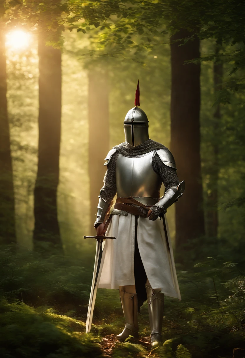 The image shows a Knight Templar in a forest, com altura, green trees. the sun is shining, And there's a sense of peace and tranquility in the air.  Crie com cores muito brilhantes, light particles, com luz brilhante, Mshiff, Arte do papel de parede, Papel de parede UHD