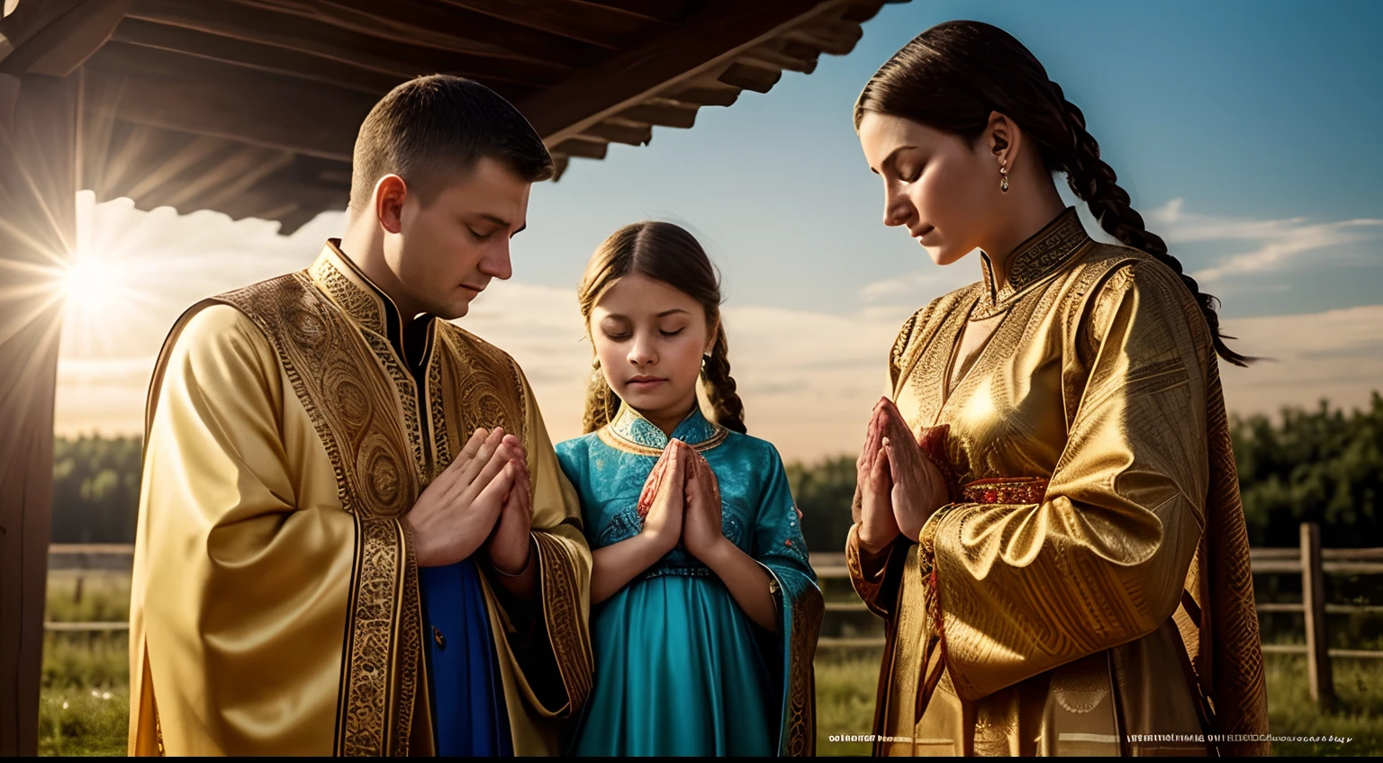 A beautiful Ukrainian family with closed eyes, hands clasped in a prayer gesture, praying with a bright glow surrounding their faces and shoulders. They are wearing normal clothing with a high level of realism and many detailed features