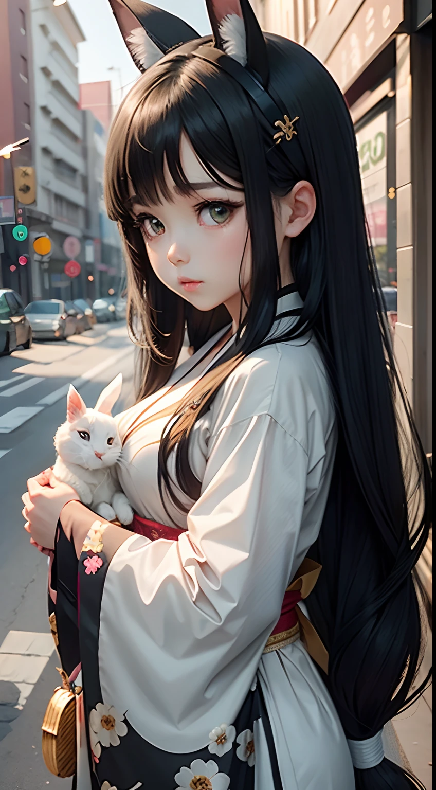 background whites,Anime girl with long black hair and green eyes holding a cat, anime chibi, Chibi anime girl, chibi anime, Kawaii chibi, Chibi Art, chibi girl, pretty anime girl, Cute anime, Anime visuals of cute girls, cute kawaii girls, advanced digital chibi art, Cute anime wife wearing beautiful kimono, Anime moe art style, original chibi bunny girl  （delicate finger，）（delicate hand，）