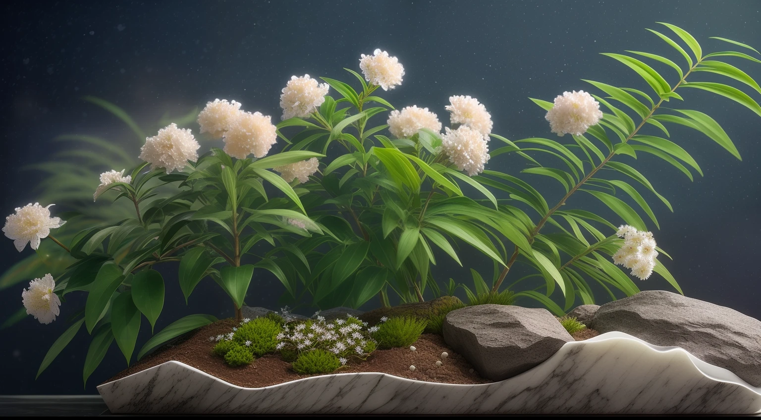 Plants, Snowflakes (Food Bar), Still Life, Winter, Peach Blossoms, Rock Garden, Bonsai Fog, Haze, Fine Details, Ultra Fine Details, Intricate Details, Film Style, Surrealist Soft Light, Studio Lighting, Diffuse Soft Light, Shallow Depth of Field, Sharp Focal Cluster, Ray Tracing, Subsurface Scattering, Ultra-detailed (Complex, Detailed, Ultra-Refined) Detail, Surrealism, (marble) dark sky