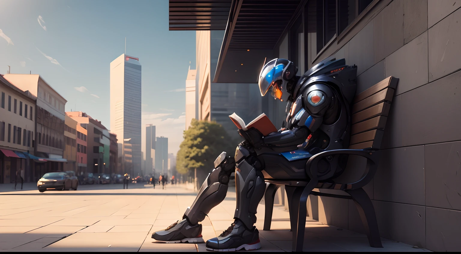 a sympathetic and intellectual robot reading a book on a bench in a common square, Modern buildings in the background (melhor qualidade,4k,8k,Altas,master part:1.2), ultra-detalhado, Realistic:1.37, profissional, vivid colors, foco nítido, studio lighting, HDR, Physically-based rendering, extreme detail description, Bokeh, Retratos, scientific fiction, Urbano, calm and peaceful atmosphere, Paleta de cores quentes, luz solar suave